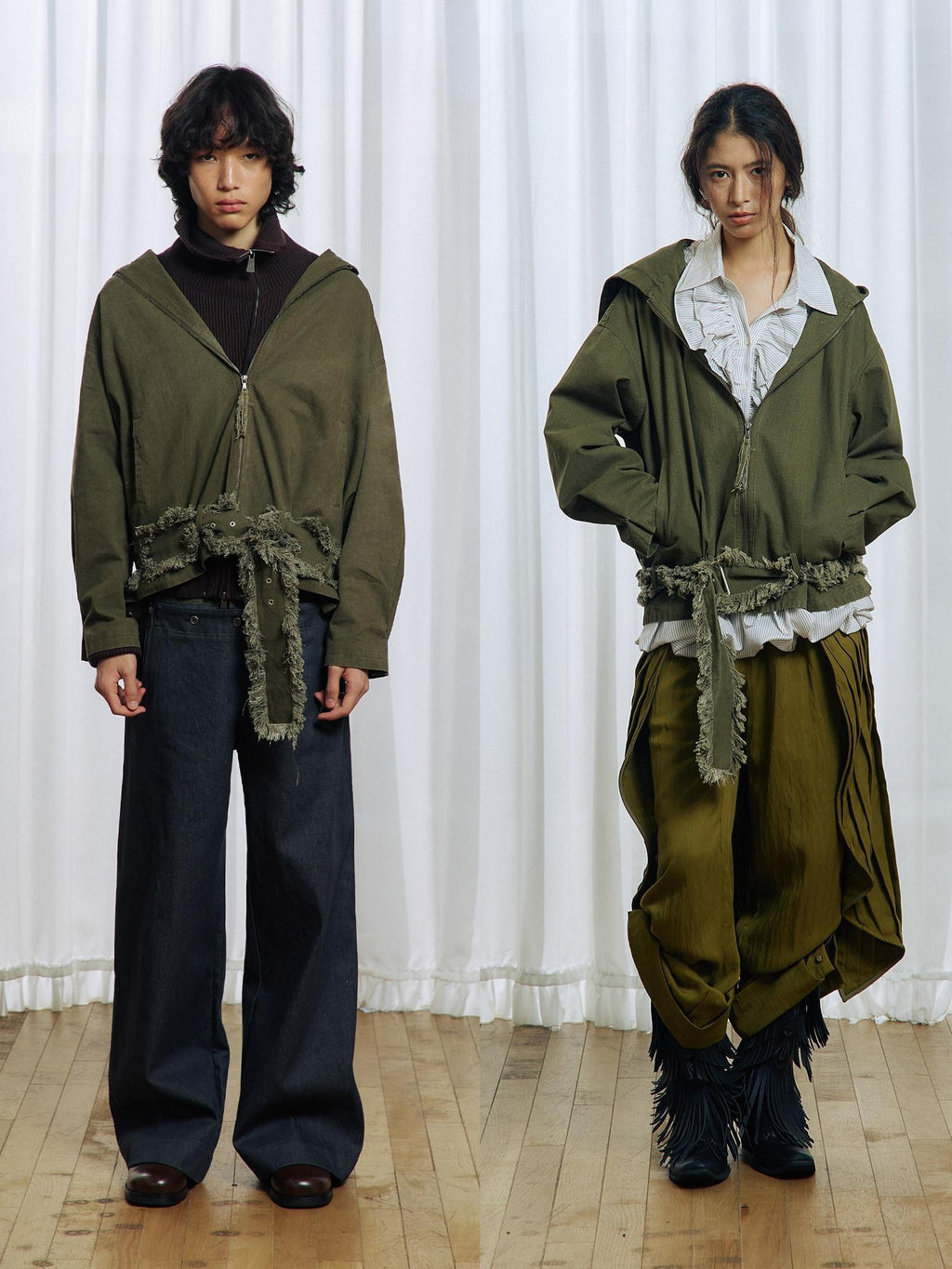 APRIORITY Army Green Distressed Frayed Tassel Vintage Print Women's Cotton Zip-up Hoodies