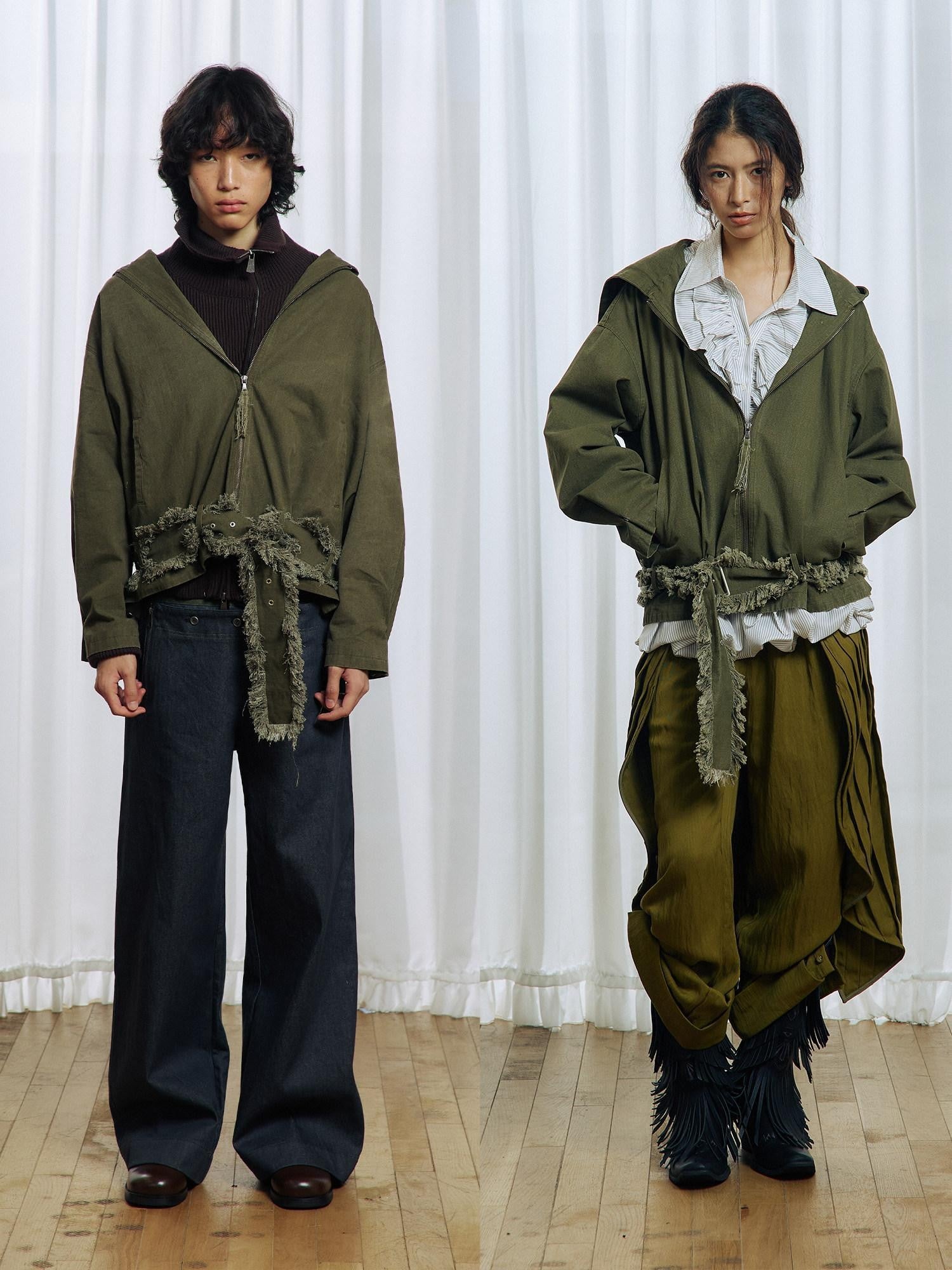 APRIORITY Army Green Distressed Frayed Tassel Vintage Print Women's Cotton Zip-up Hoodies