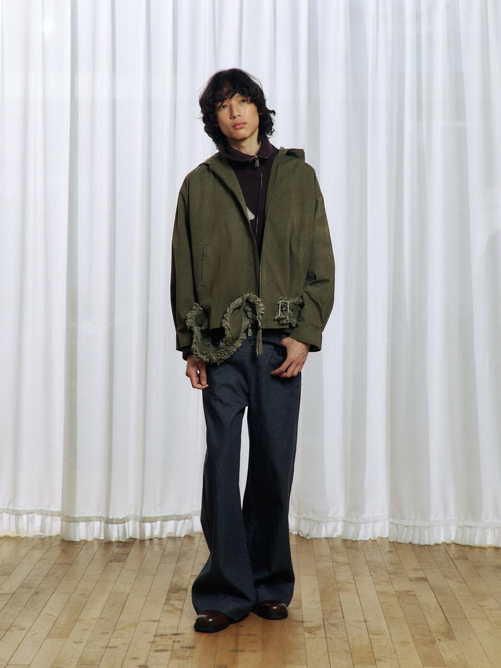 APRIORITY Army Green Distressed Frayed Tassel Vintage Print Women's Cotton Zip-up Hoodies