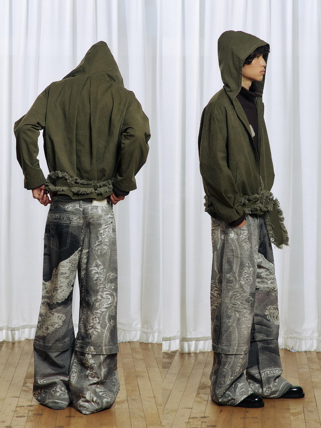 APRIORITY Army Green Distressed Frayed Tassel Vintage Print Women's Cotton Zip-up Hoodies
