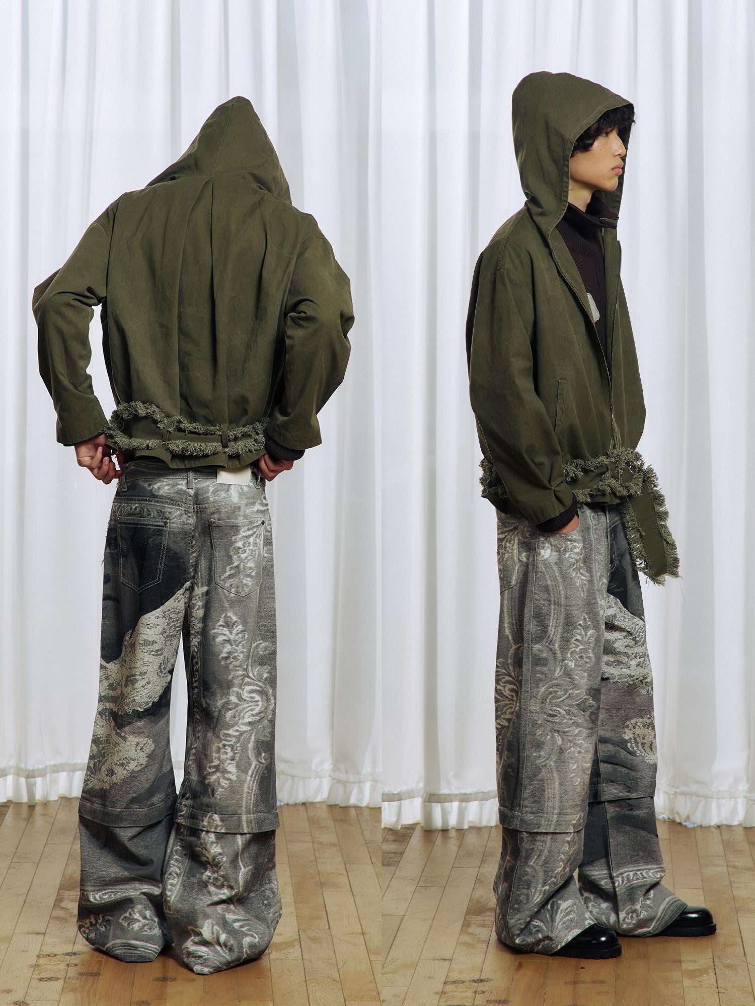 APRIORITY Army Green Distressed Frayed Tassel Vintage Print Women's Cotton Zip-up Hoodies