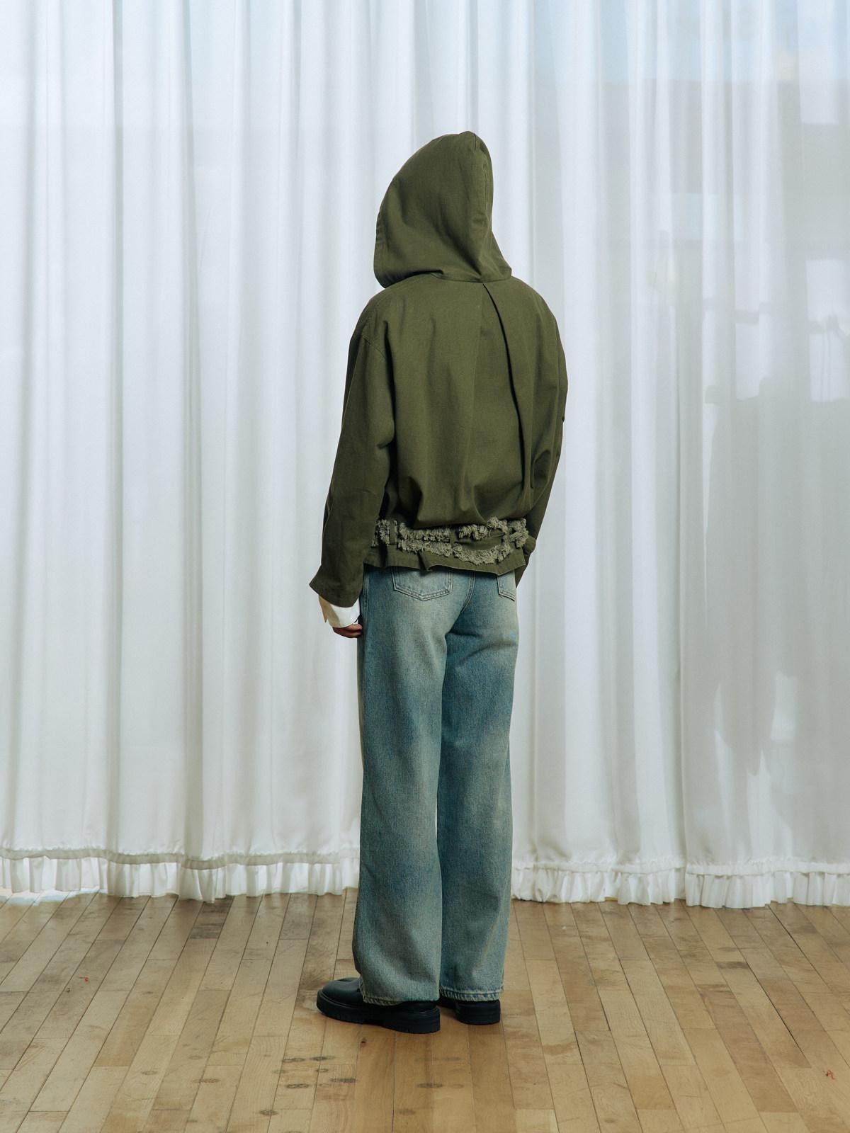 APRIORITY Army Green Distressed Frayed Tassel Vintage Print Women's Cotton Zip-up Hoodies