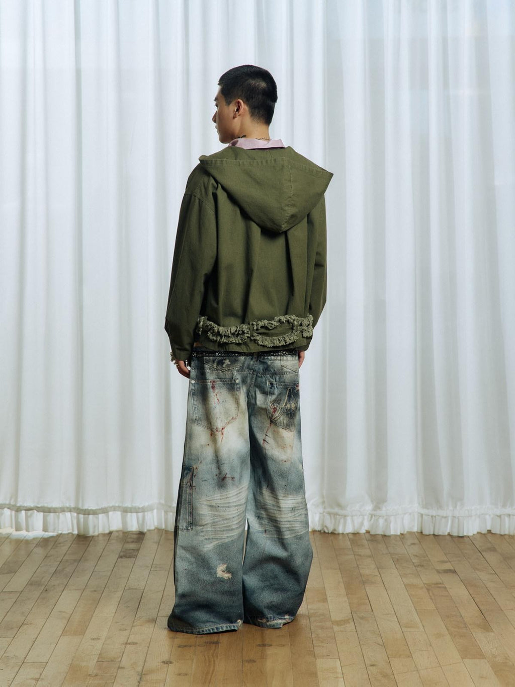 APRIORITY Army Green Distressed Frayed Tassel Vintage Print Women's Cotton Zip-up Hoodies