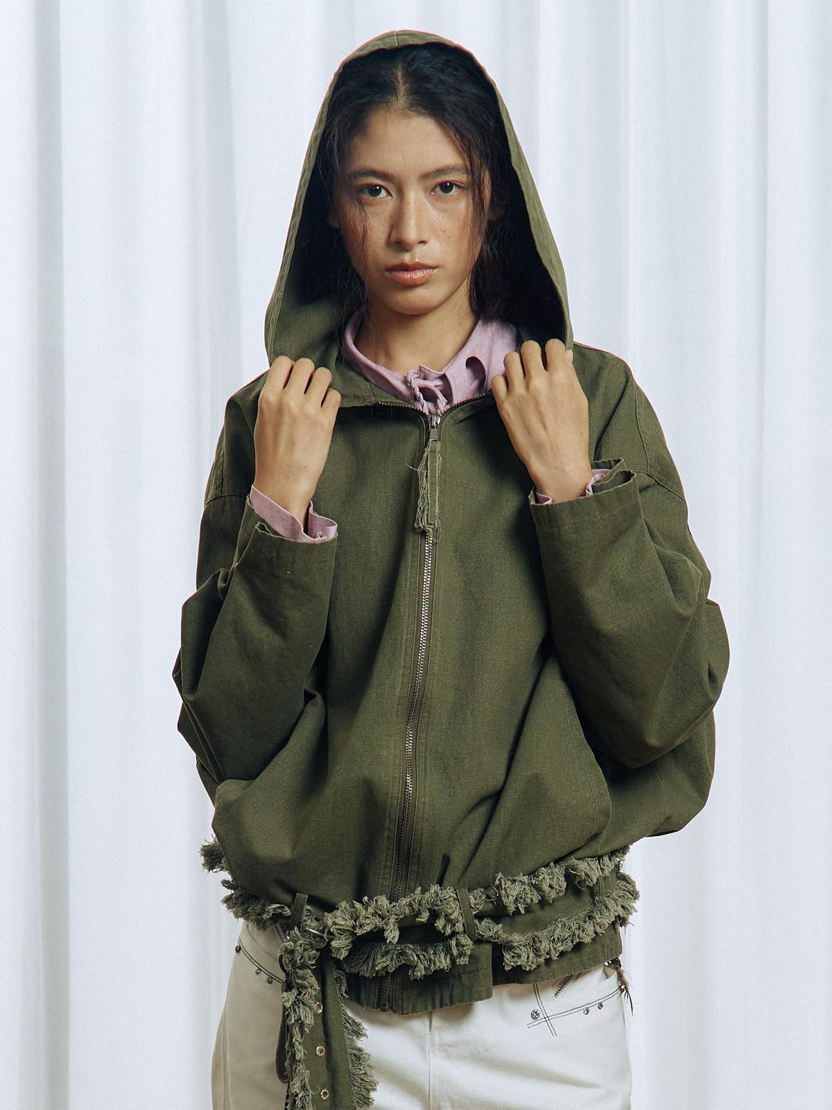 APRIORITY Army Green Distressed Frayed Tassel Vintage Print Women's Cotton Zip-up Hoodies