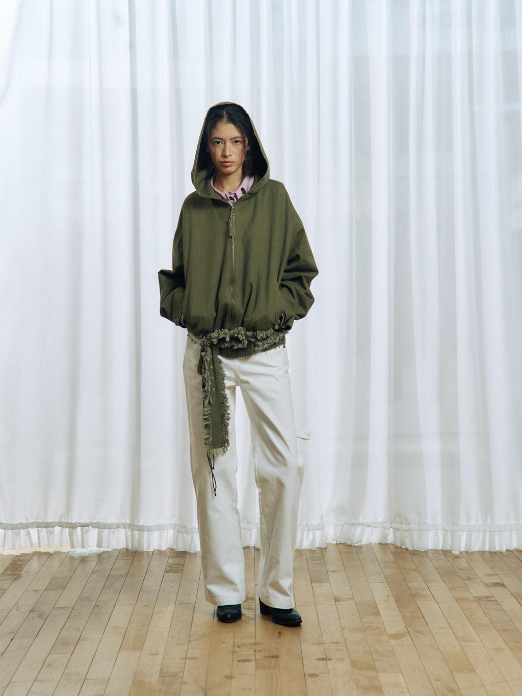 APRIORITY Army Green Distressed Frayed Tassel Vintage Print Women's Cotton Zip-up Hoodies