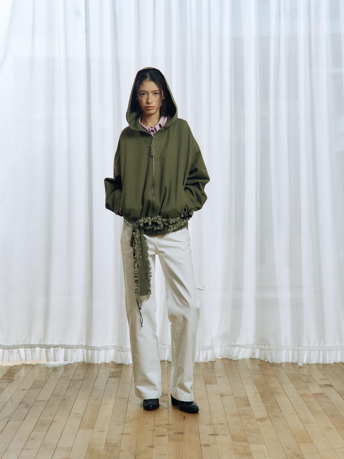 APRIORITY Army Green Distressed Frayed Tassel Vintage Print Women's Cotton Zip-up Hoodies