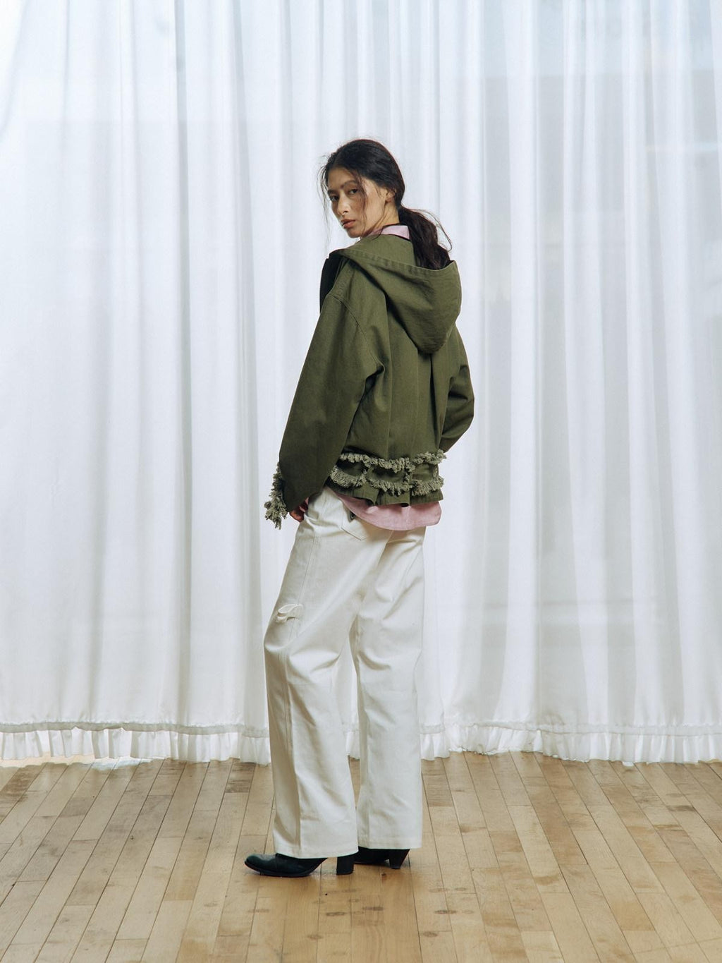 APRIORITY Army Green Distressed Frayed Tassel Vintage Print Women's Cotton Zip-up Hoodies