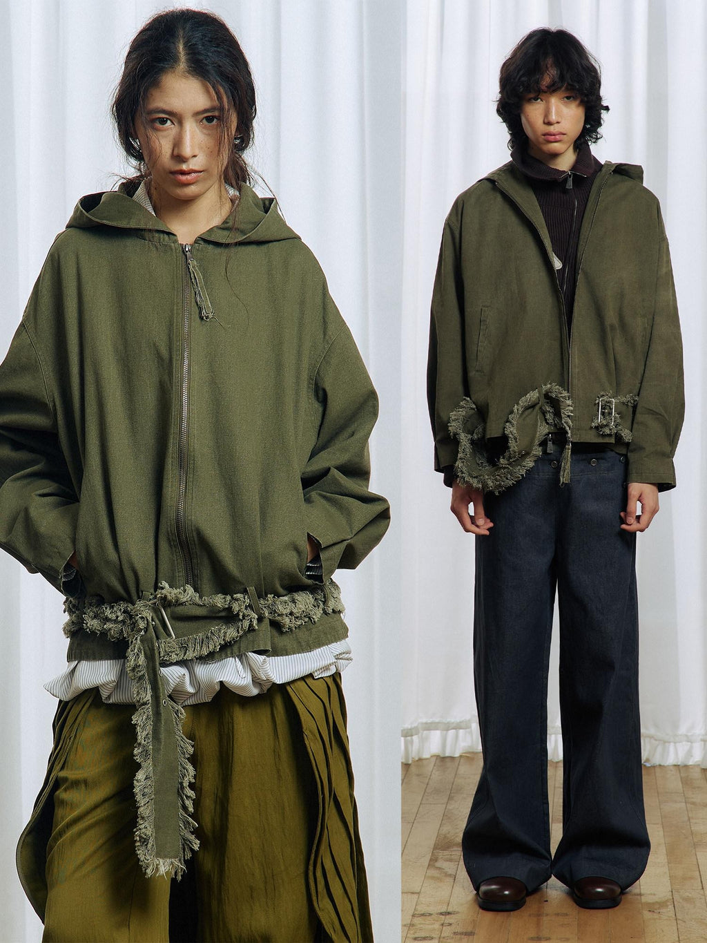 APRIORITY Army Green Distressed Frayed Tassel Vintage Print Women's Cotton Zip-up Hoodies