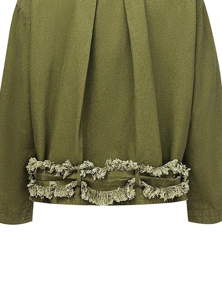 APRIORITY Army Green Distressed Frayed Tassel Vintage Print Women's Cotton Zip-up Hoodies