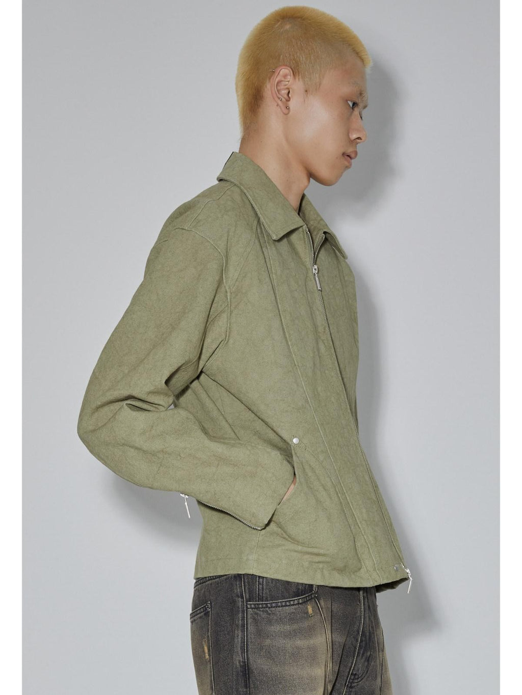 APRIORITY Avocado Green Solid 3d Patch Pockets Zipper Lapel Women's Cotton Cropped Jackets
