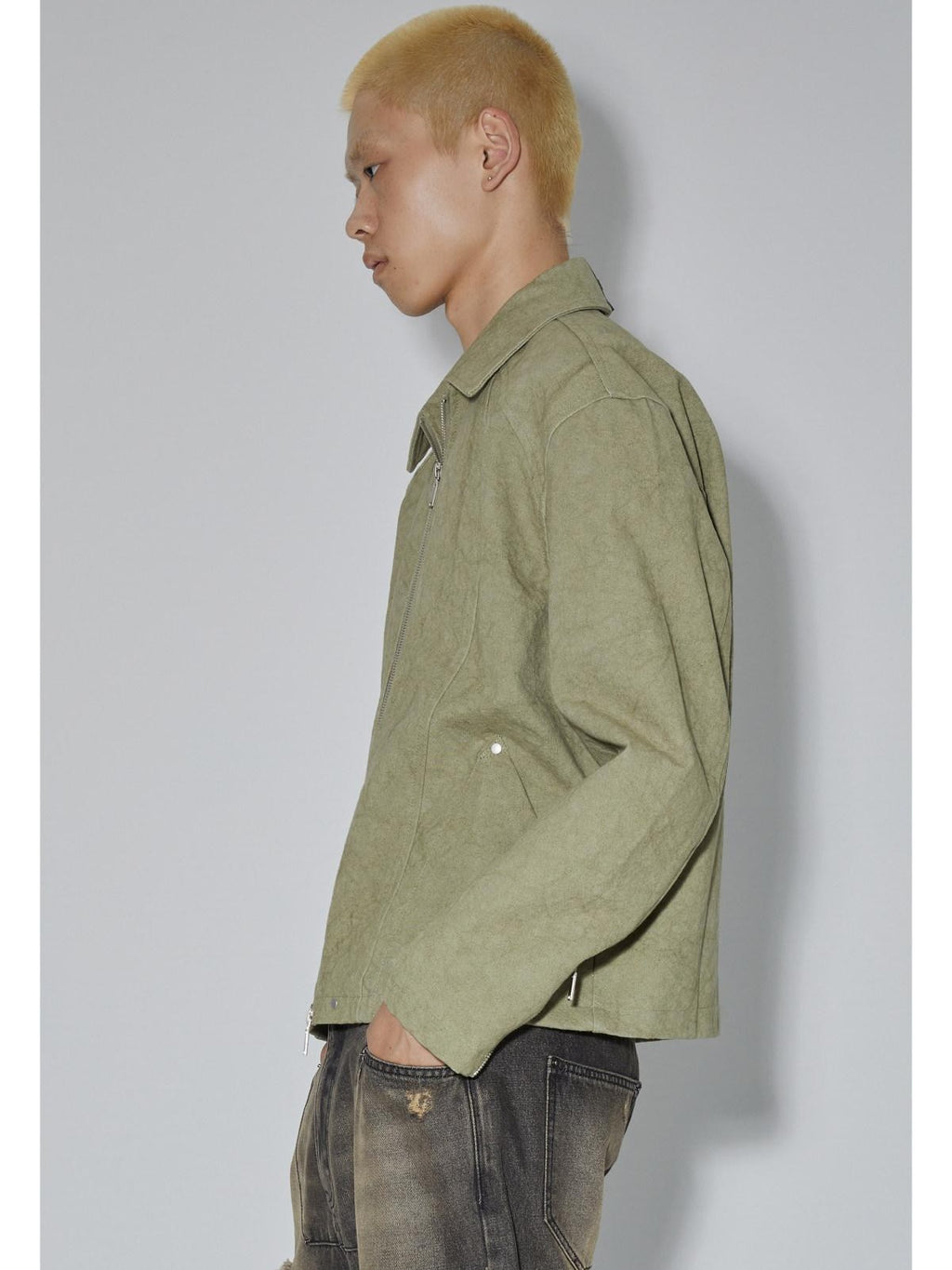 APRIORITY Avocado Green Solid 3d Patch Pockets Zipper Lapel Women's Cotton Cropped Jackets