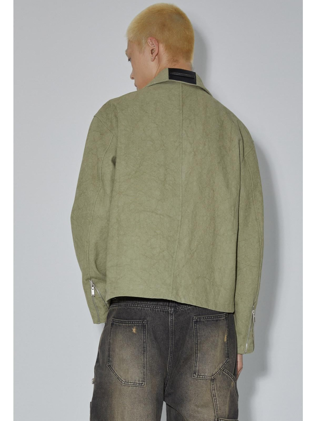 APRIORITY Avocado Green Solid 3d Patch Pockets Zipper Lapel Women's Cotton Cropped Jackets