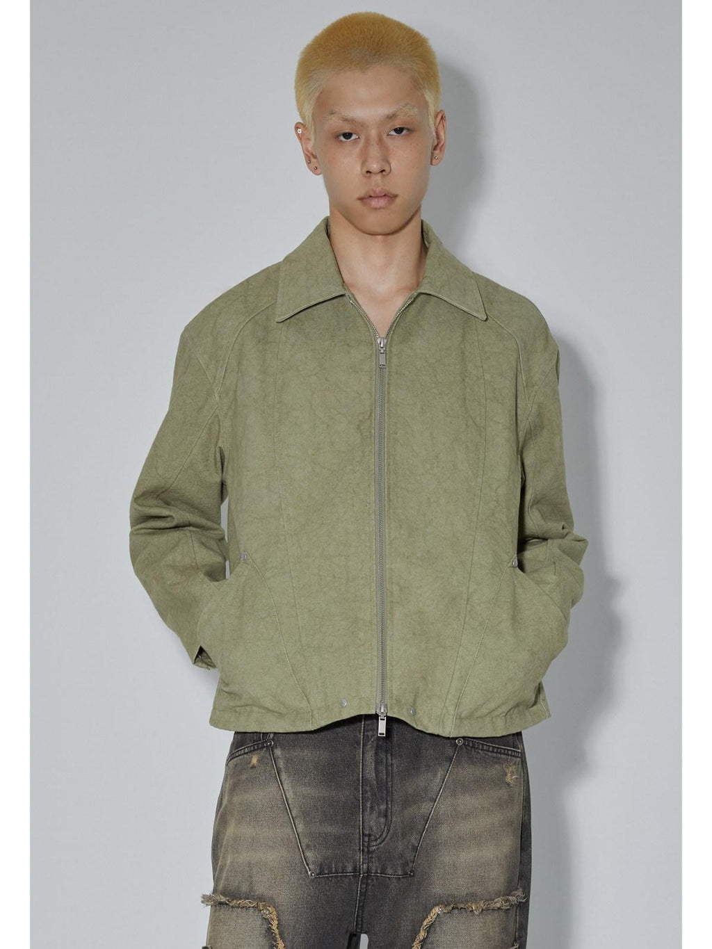 APRIORITY Avocado Green Solid 3d Patch Pockets Zipper Lapel Women's Cotton Cropped Jackets