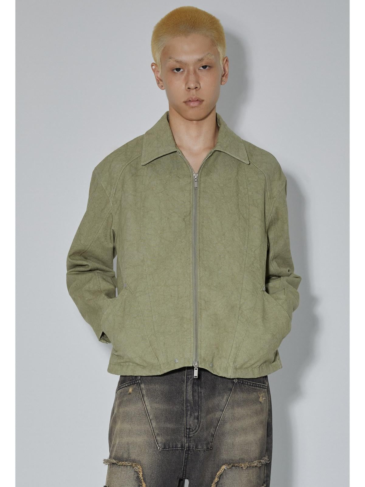 APRIORITY Avocado Green Solid 3d Patch Pockets Zipper Lapel Women's Cotton Cropped Jackets
