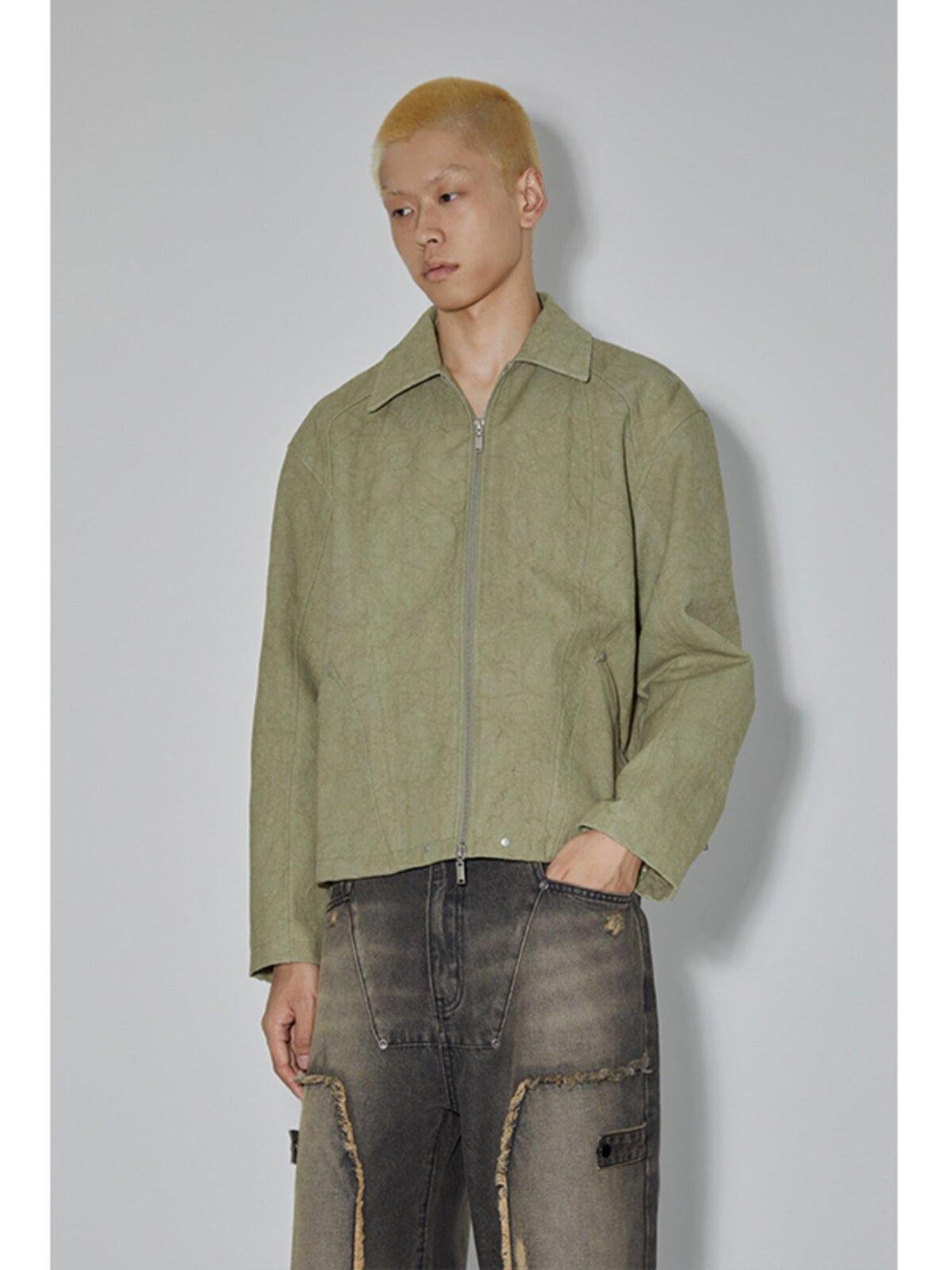 APRIORITY Avocado Green Solid 3d Patch Pockets Zipper Lapel Women's Cotton Cropped Jackets