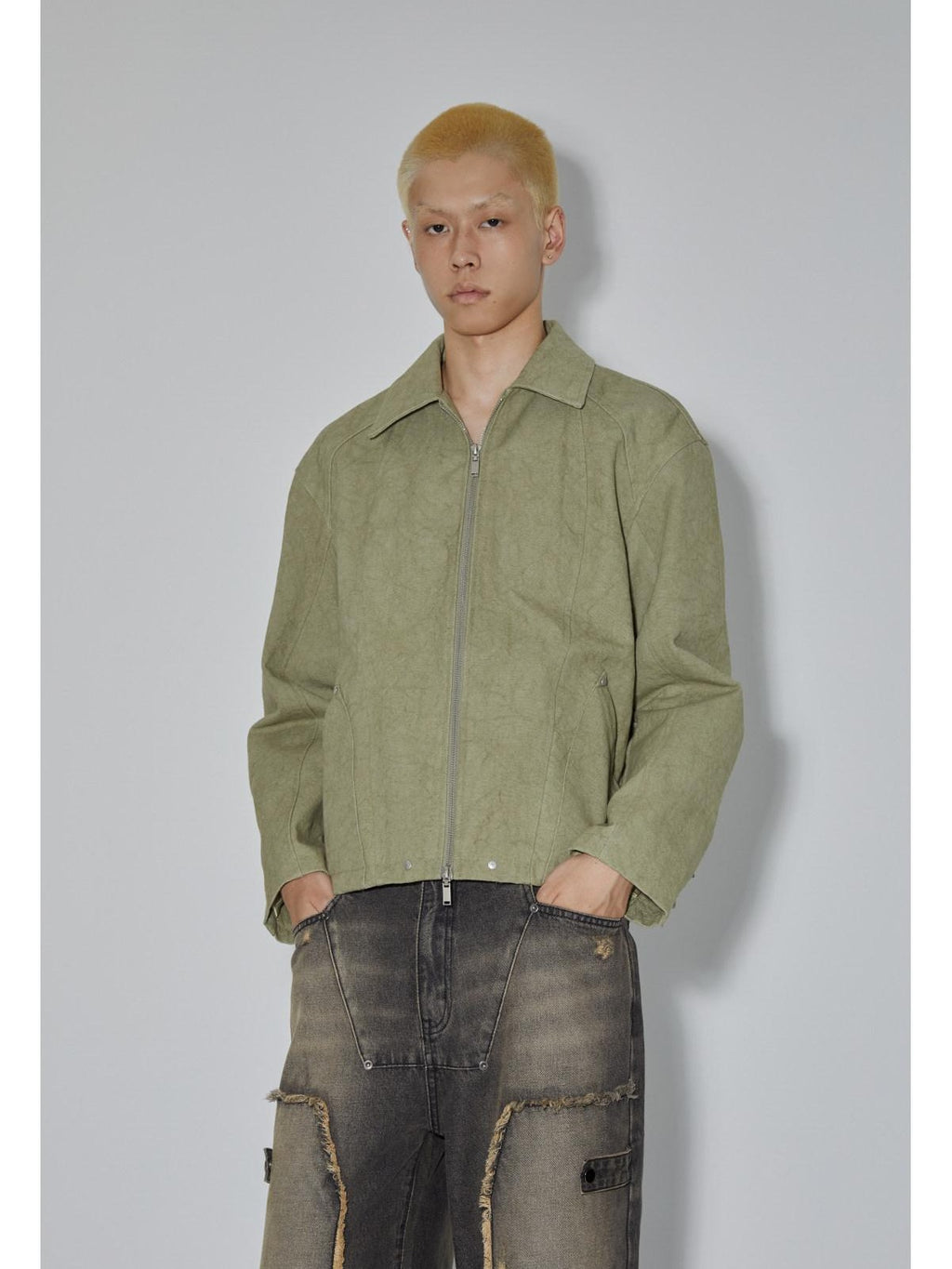 APRIORITY Avocado Green Solid 3d Patch Pockets Zipper Lapel Women's Cotton Cropped Jackets