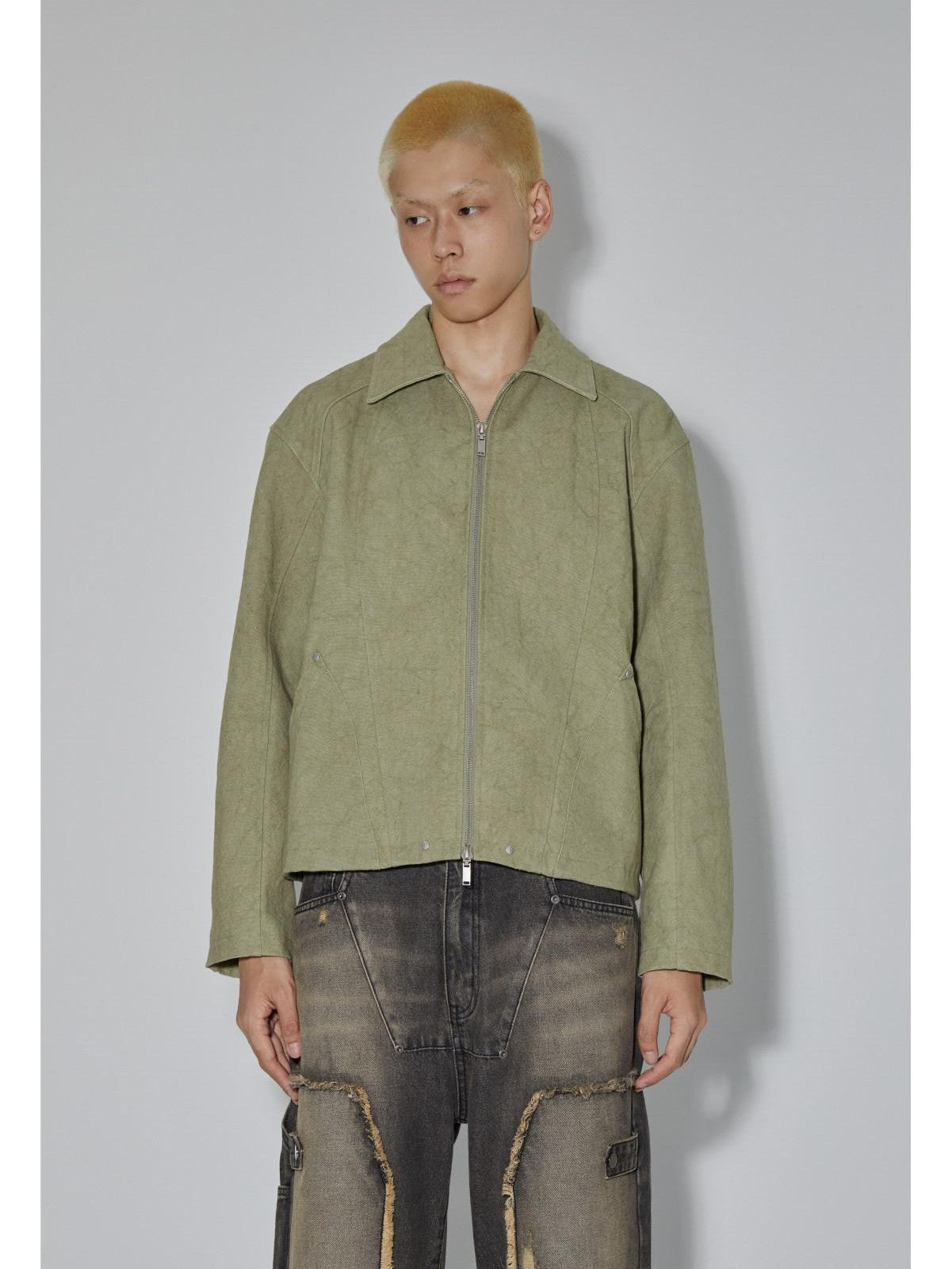 APRIORITY Avocado Green Solid 3d Patch Pockets Zipper Lapel Women's Cotton Cropped Jackets