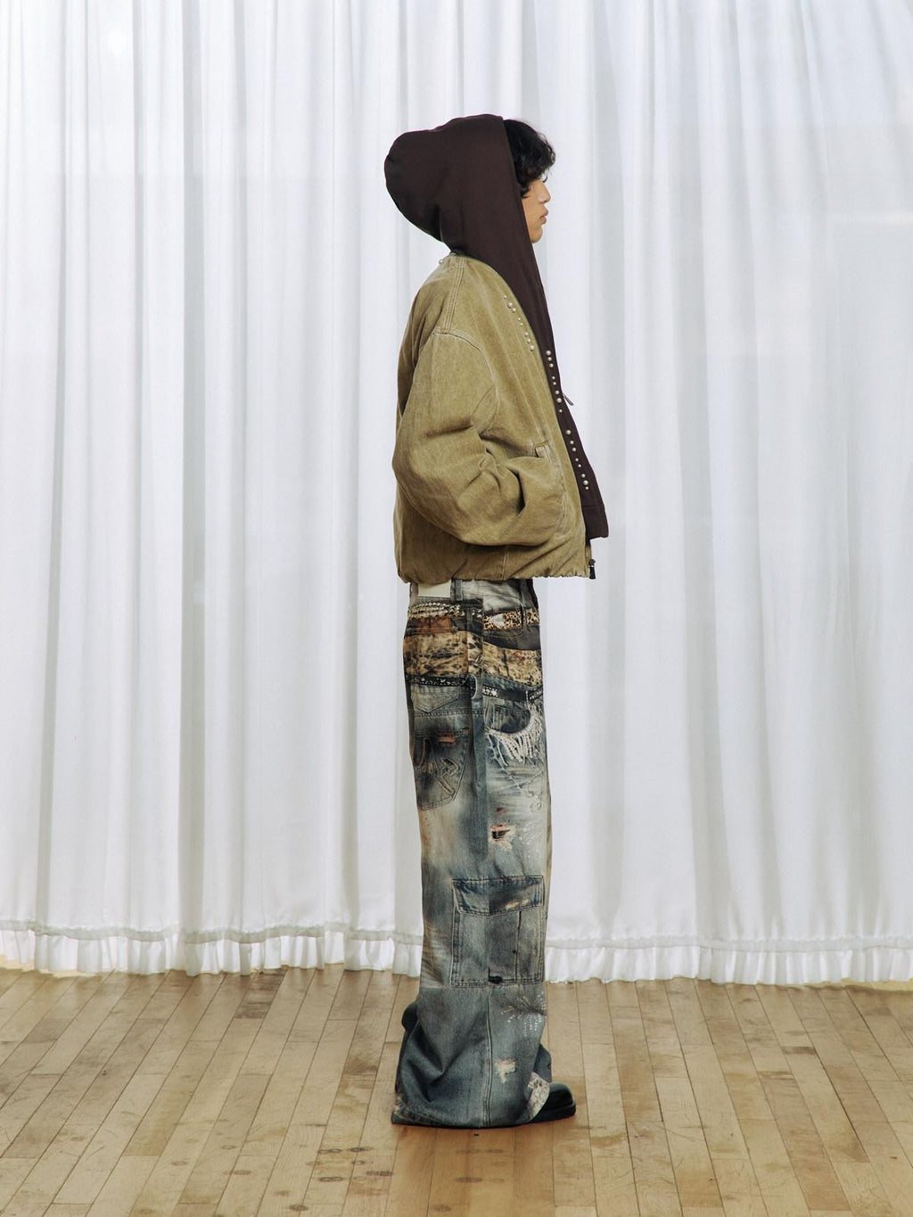 APRIORITY Beaded Floral Distressed Hooded Faux Two Piece Women's Cotton Denim Jackets