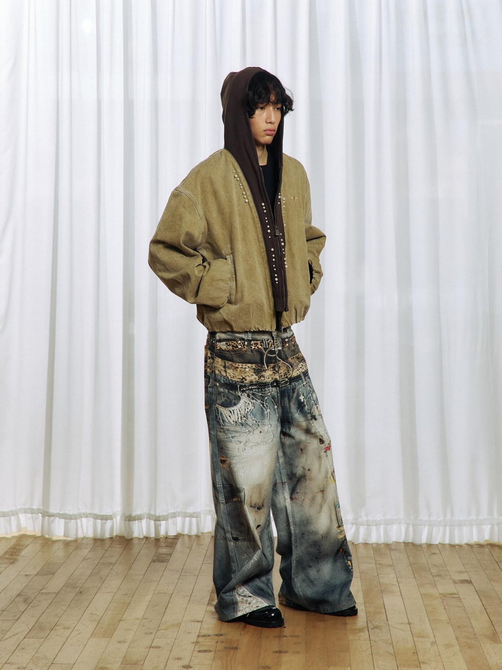APRIORITY Beaded Floral Distressed Hooded Faux Two Piece Women's Cotton Denim Jackets