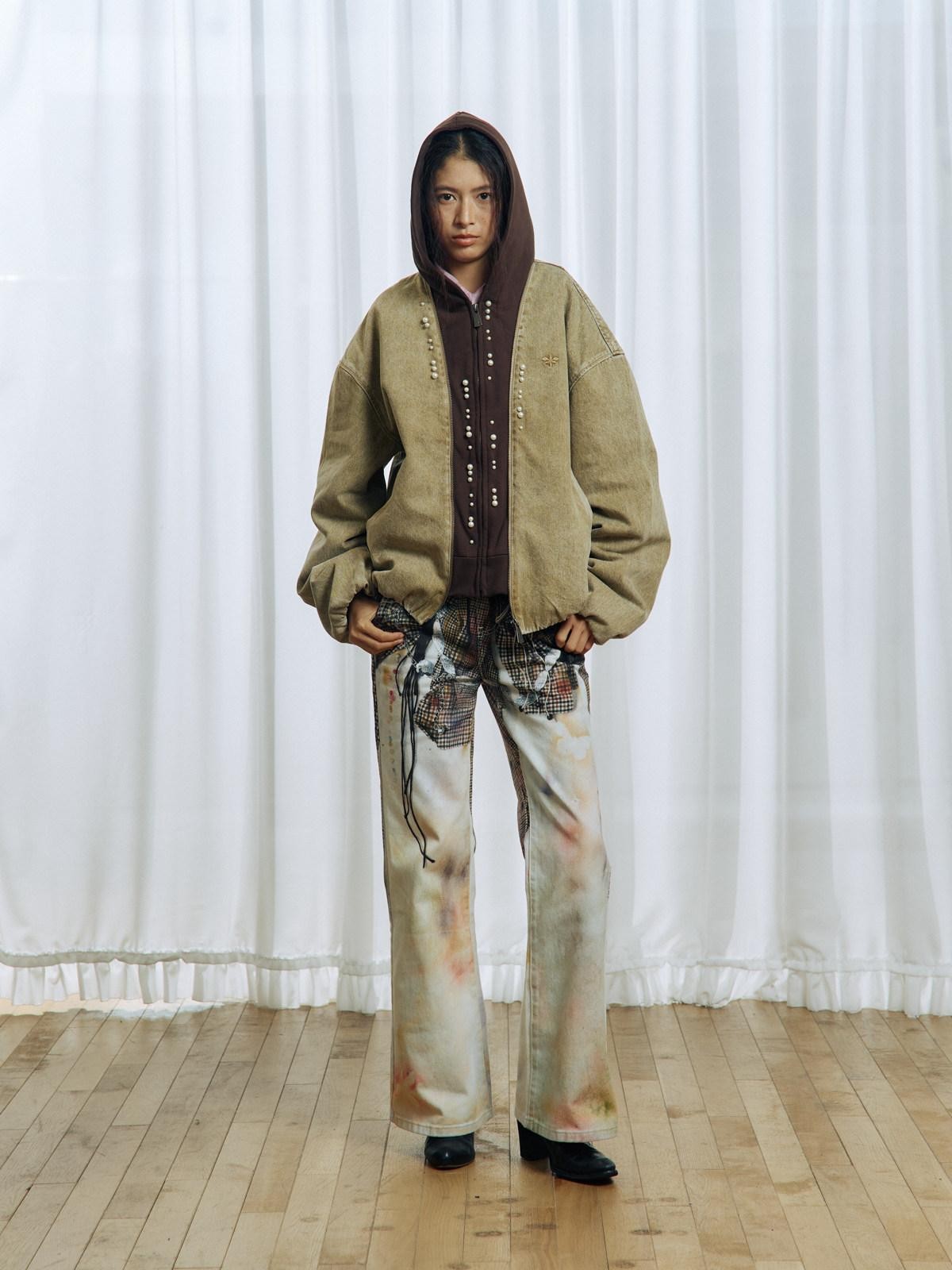 APRIORITY Beaded Floral Distressed Hooded Faux Two Piece Women's Cotton Denim Jackets