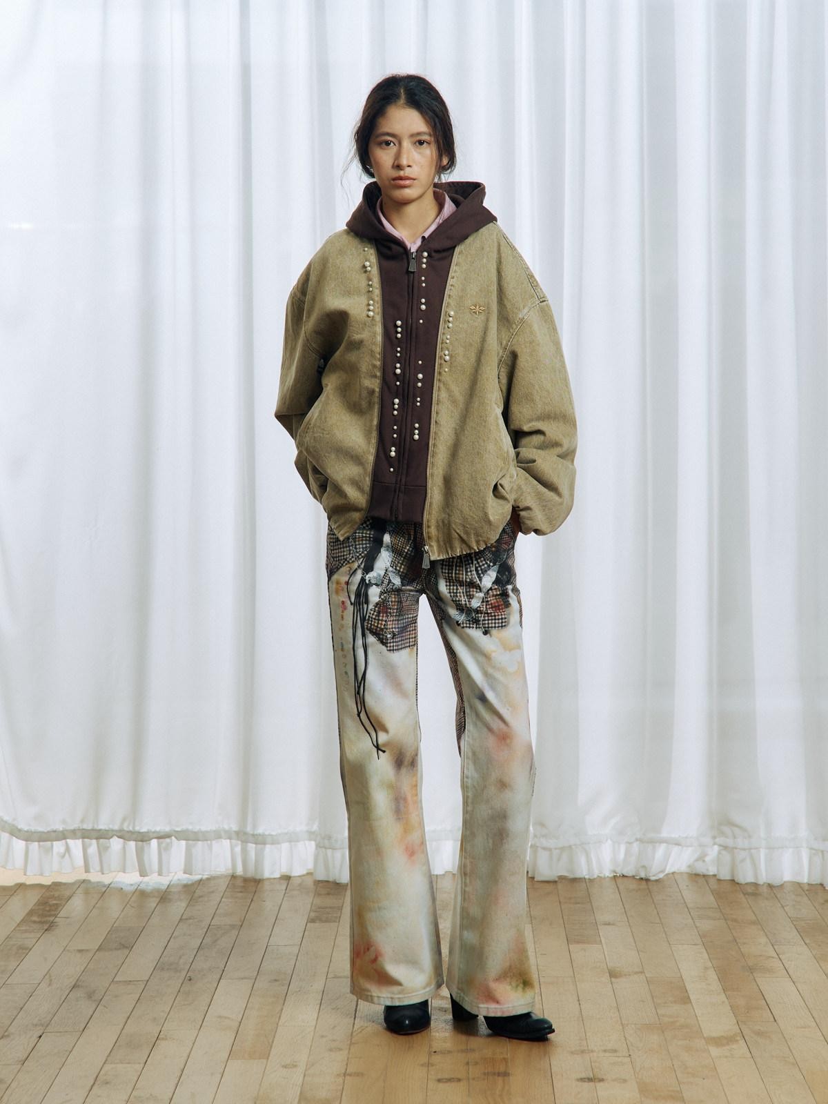 APRIORITY Beaded Floral Distressed Hooded Faux Two Piece Women's Cotton Denim Jackets