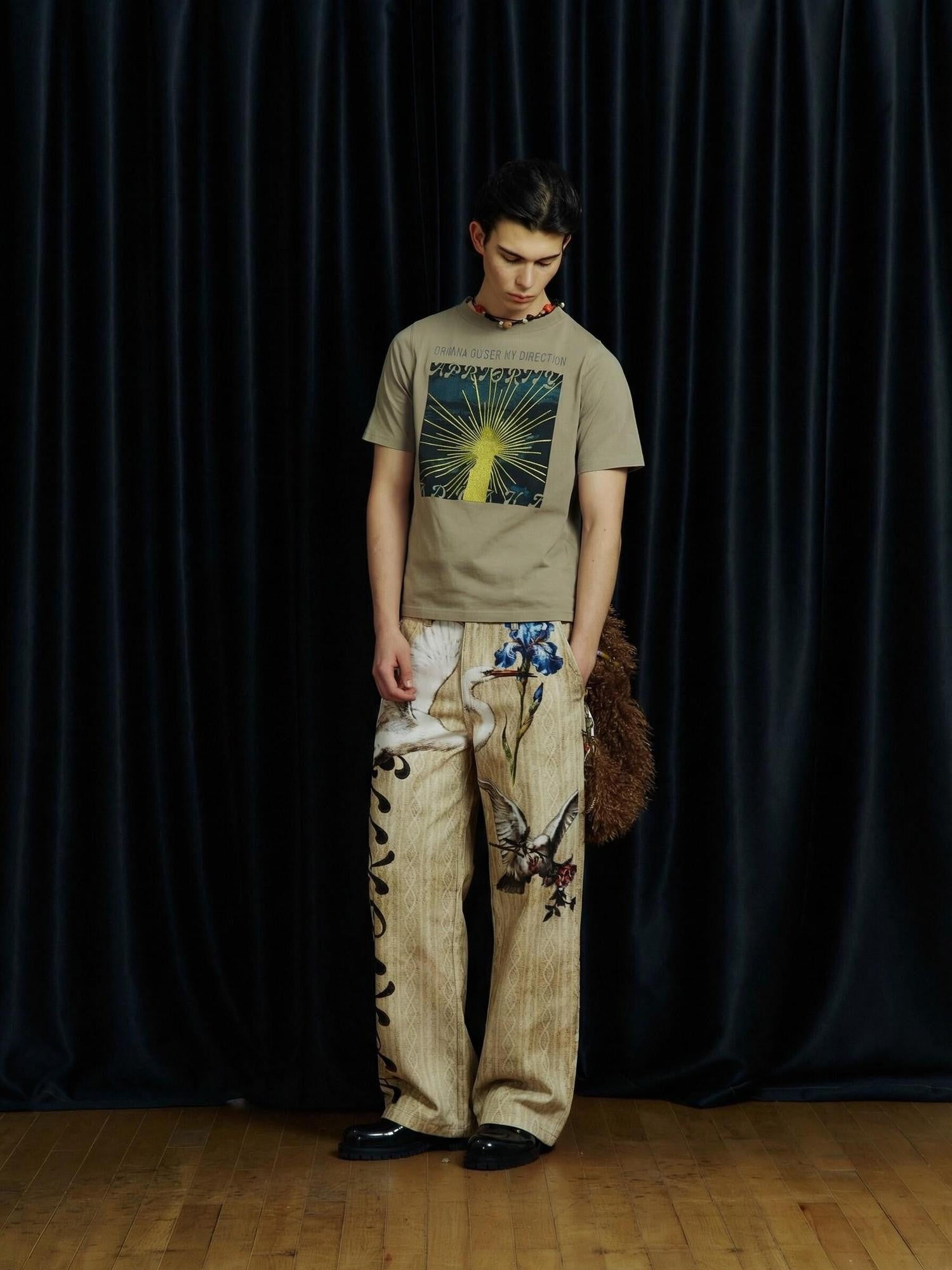 APRIORITY Beige 3d Printed Bird And Floral Women's Cotton Straight-leg Jeans