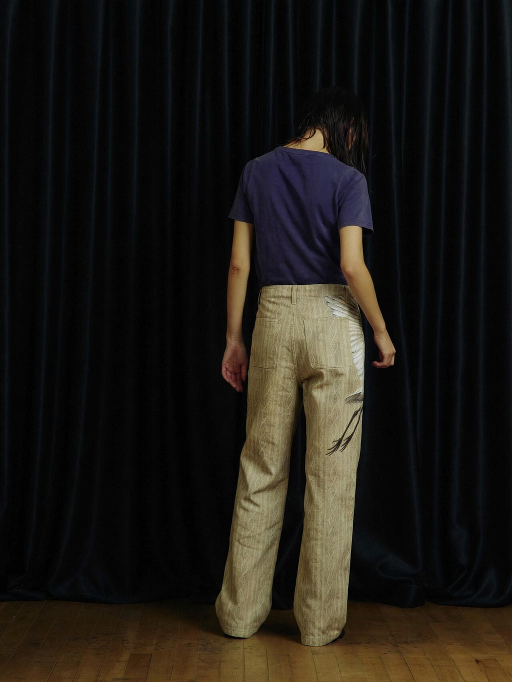 APRIORITY Beige 3d Printed Bird And Floral Women's Cotton Straight-leg Jeans