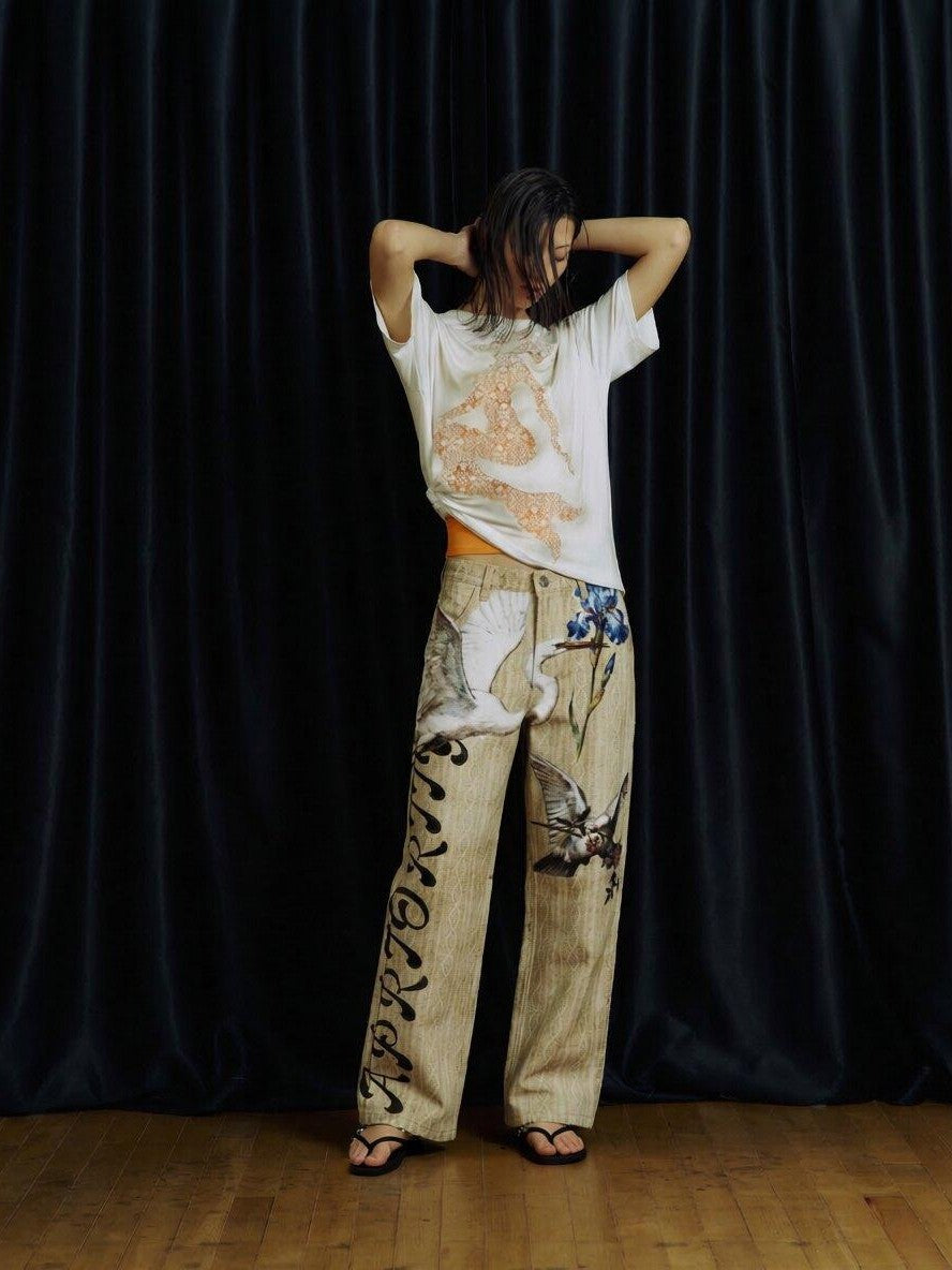APRIORITY Beige 3d Printed Bird And Floral Women's Cotton Straight-leg Jeans