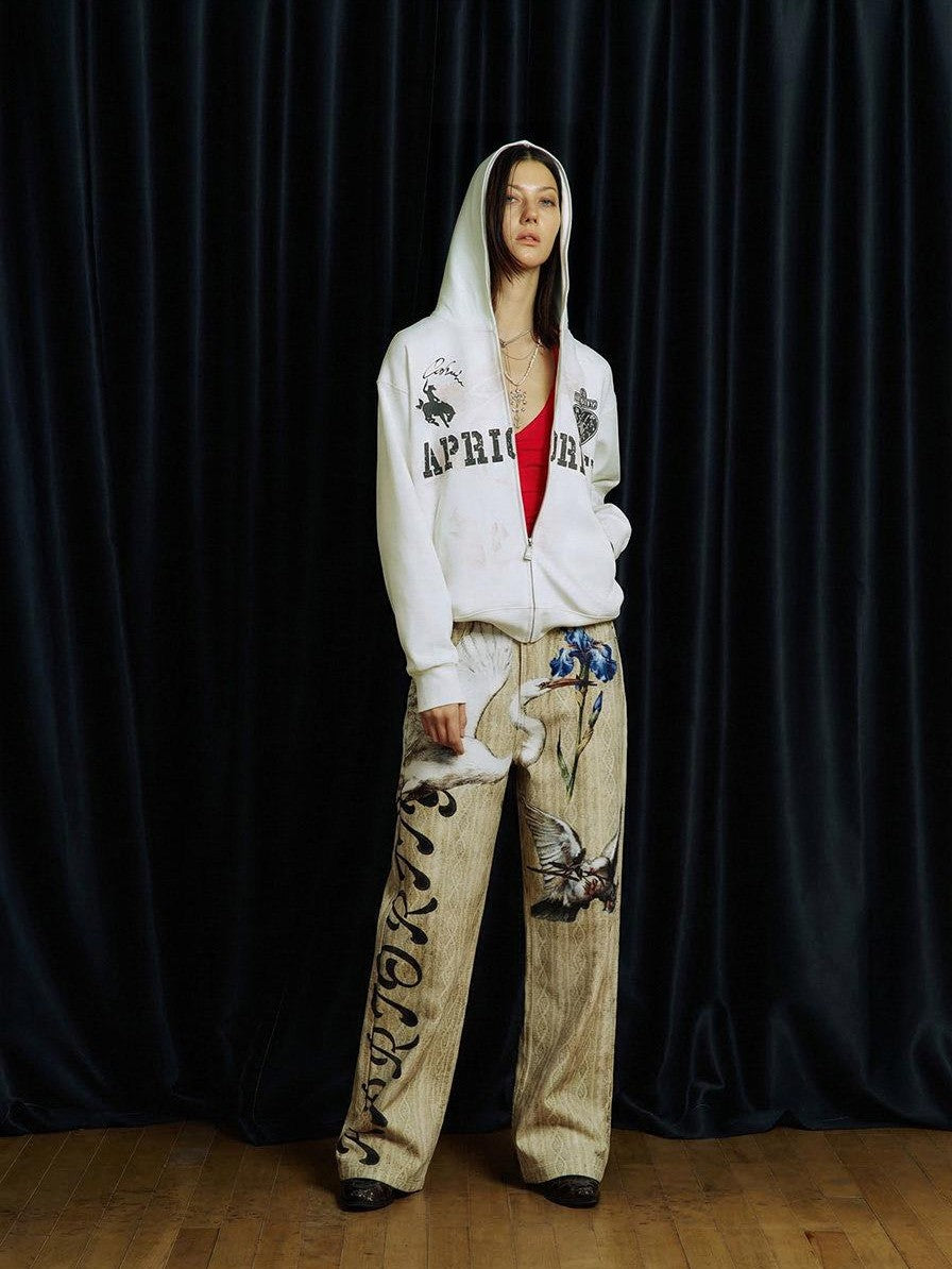 APRIORITY Beige 3d Printed Bird And Floral Women's Cotton Straight-leg Jeans