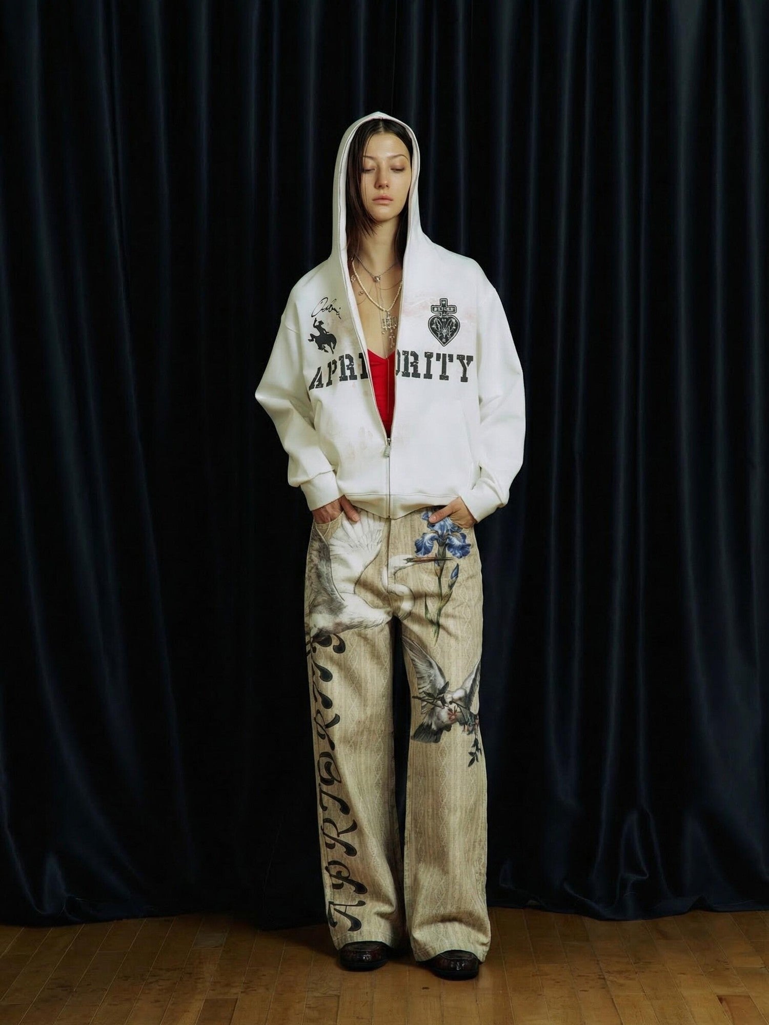 APRIORITY Beige 3d Printed Bird And Floral Women's Cotton Straight-leg Jeans