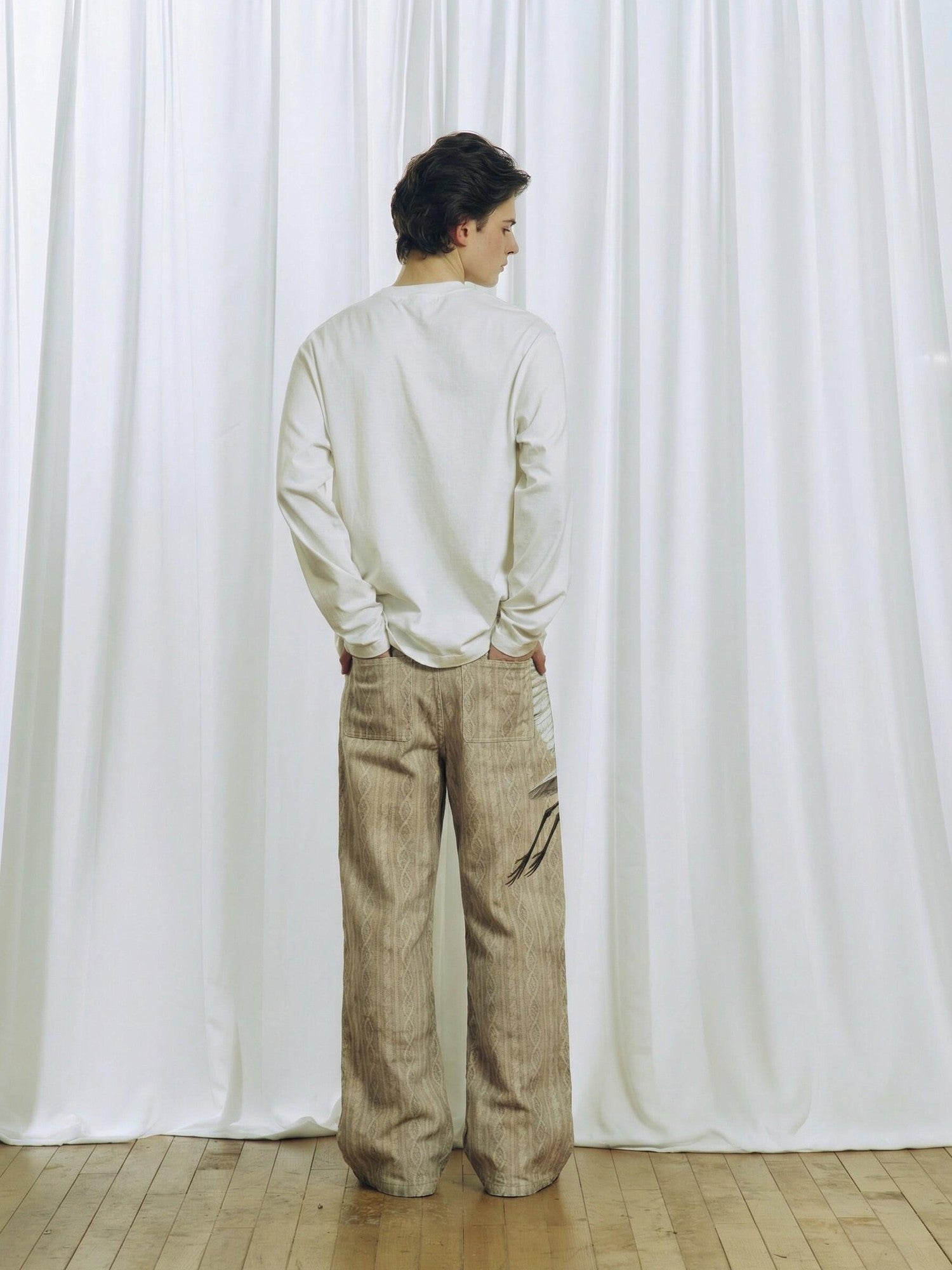 APRIORITY Beige 3d Printed Bird And Floral Women's Cotton Straight-leg Jeans