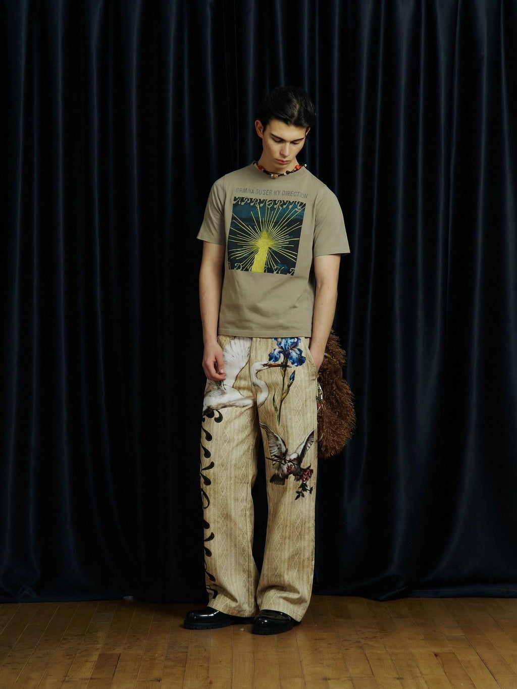 APRIORITY Beige 3d Printed Bird And Floral Women's Cotton Straight-leg Jeans