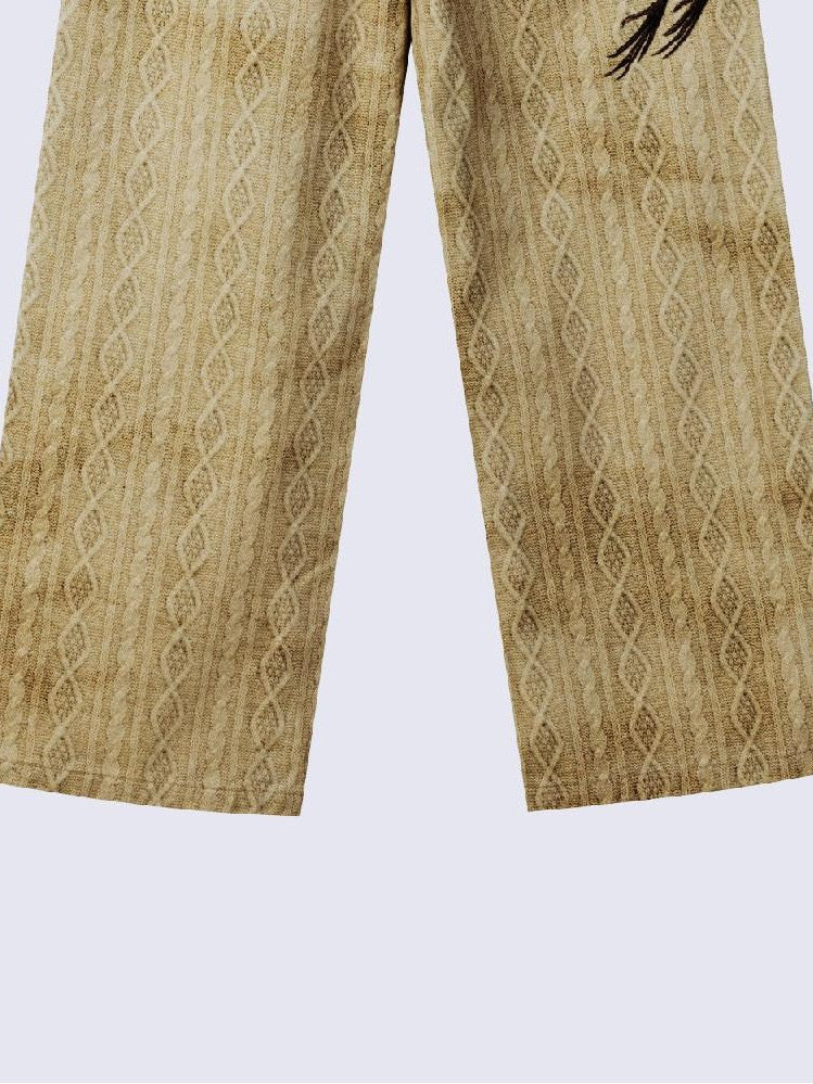 APRIORITY Beige 3d Printed Bird And Floral Women's Cotton Straight-leg Jeans