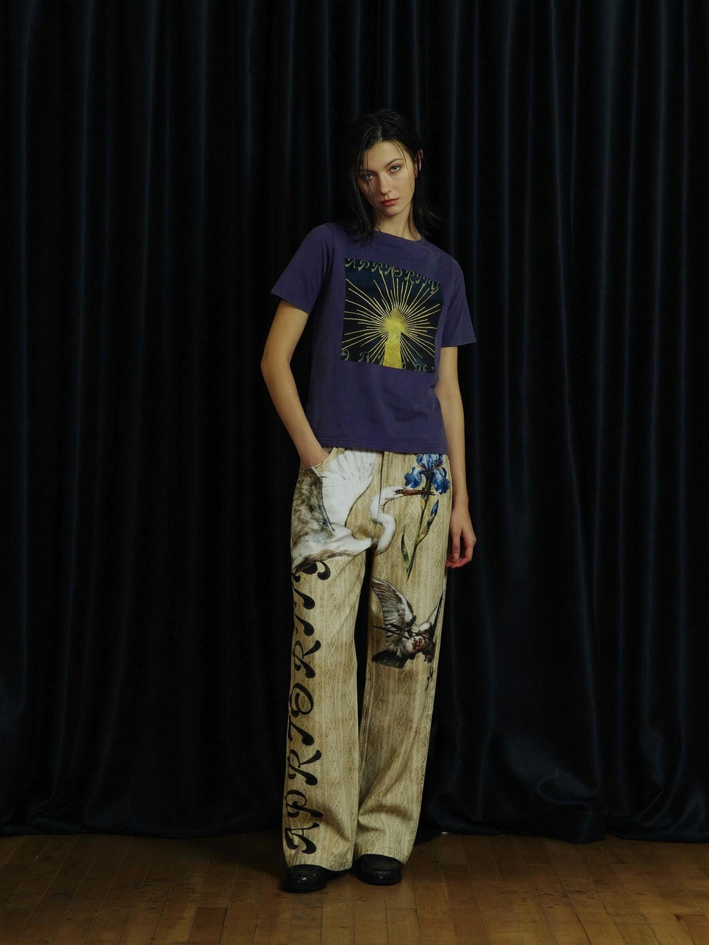 APRIORITY Beige 3d Printed Bird And Floral Women's Cotton Straight-leg Jeans