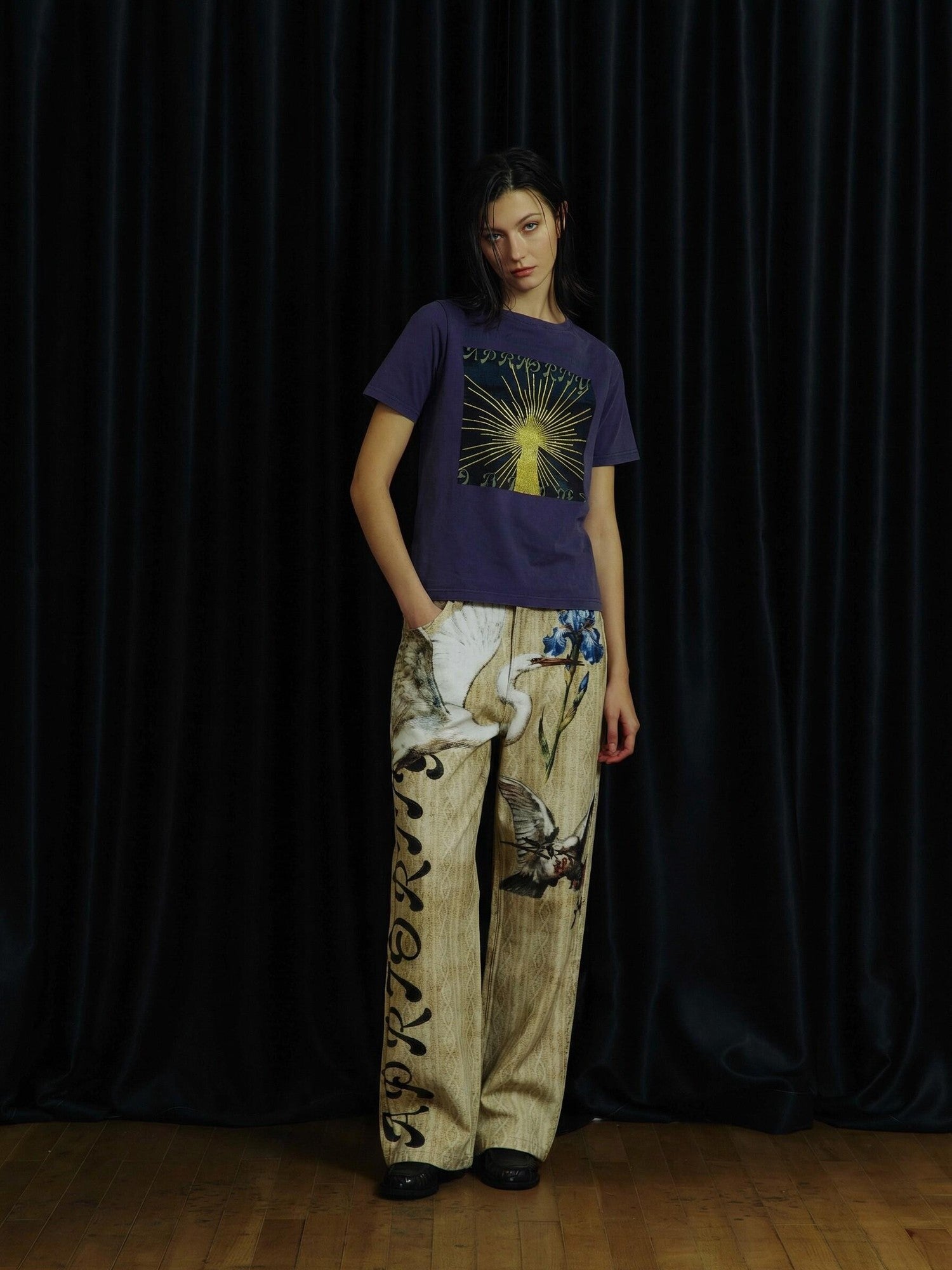 APRIORITY Beige 3d Printed Bird And Floral Women's Cotton Straight-leg Jeans