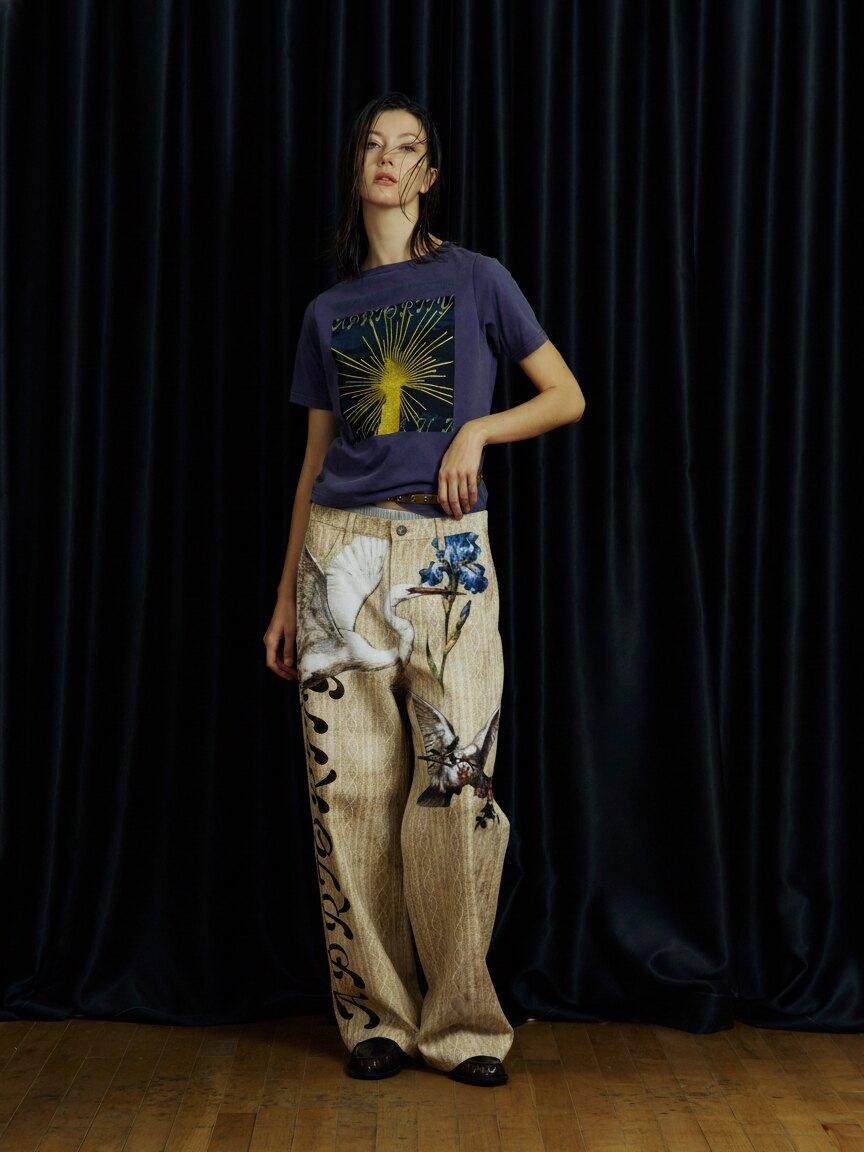 APRIORITY Beige 3d Printed Bird And Floral Women's Cotton Straight-leg Jeans