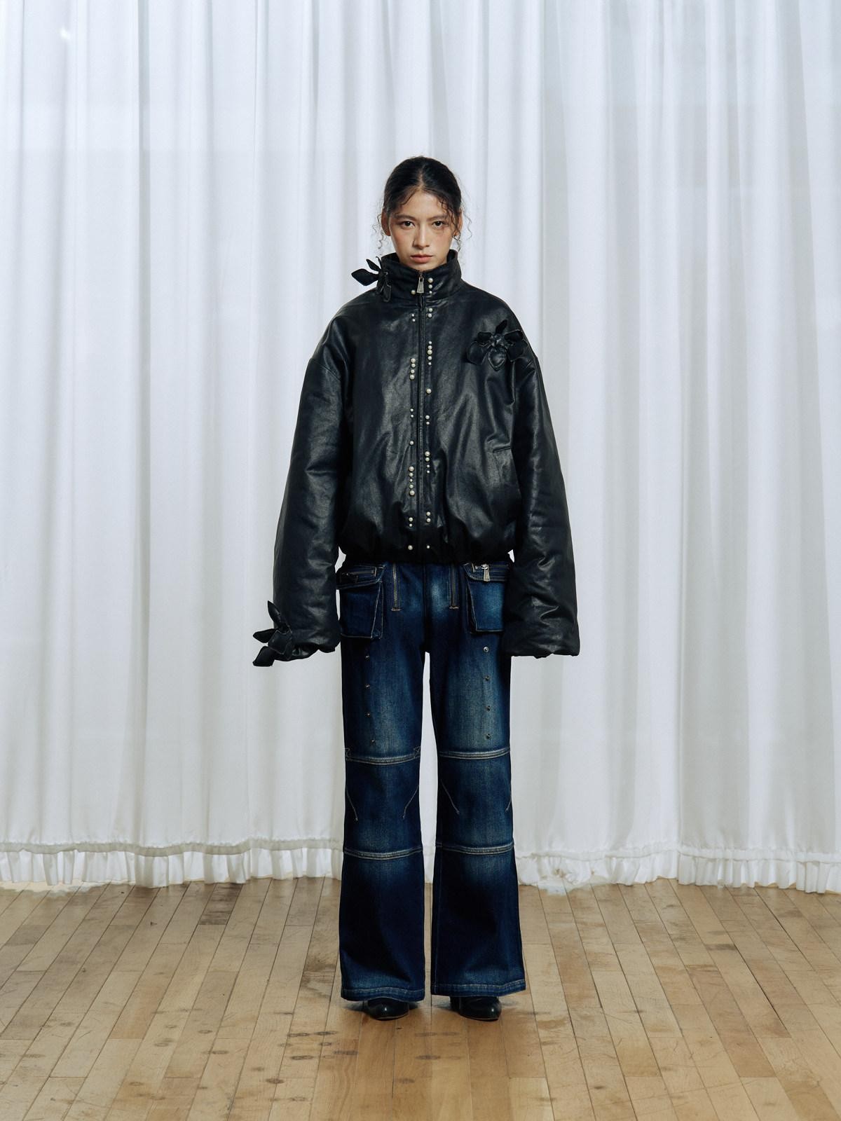 APRIORITY Black 3d Structured Oil Wax Coated Women's Faux Leather Down Jackets