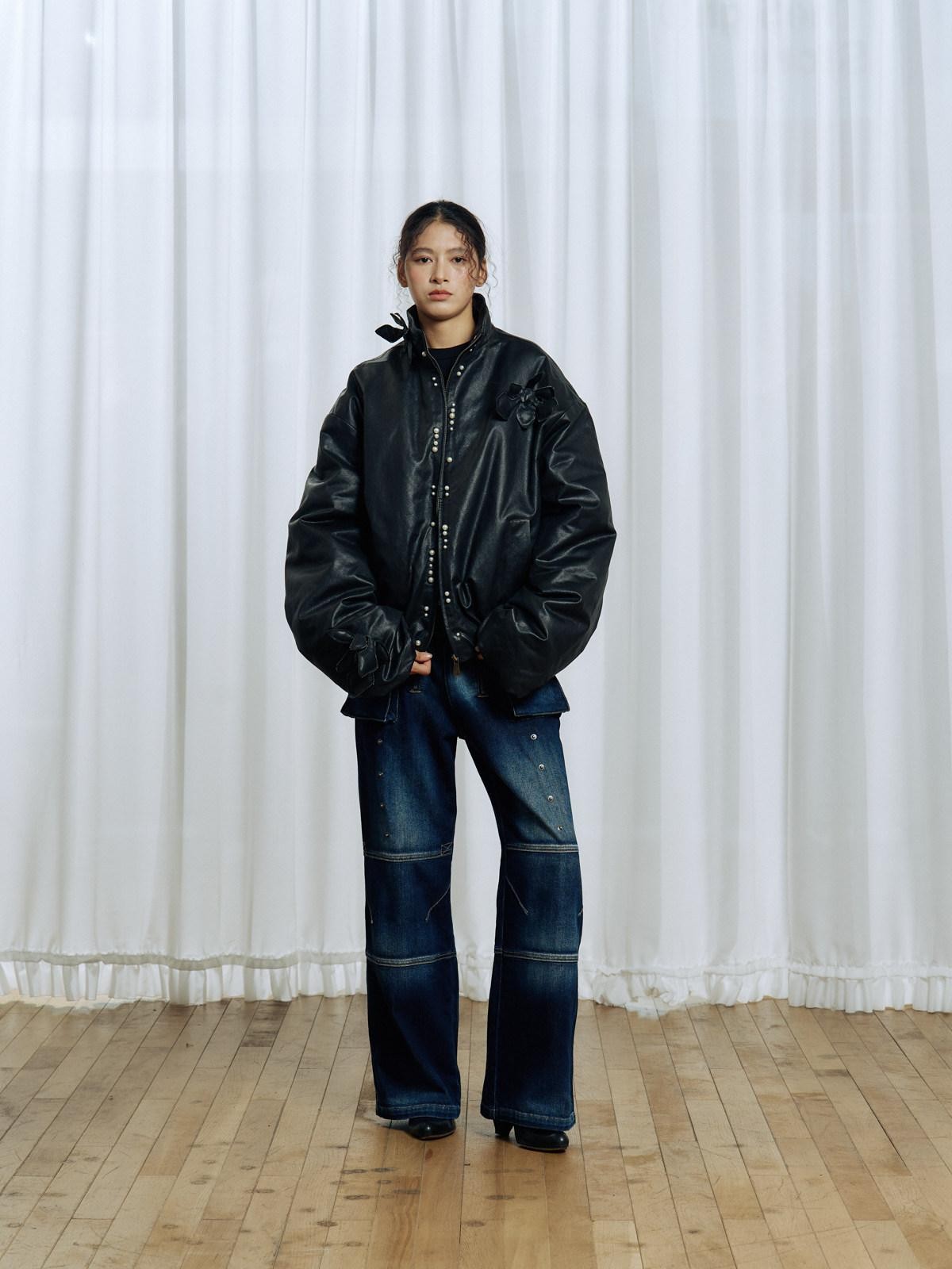 APRIORITY Black 3d Structured Oil Wax Coated Women's Faux Leather Down Jackets
