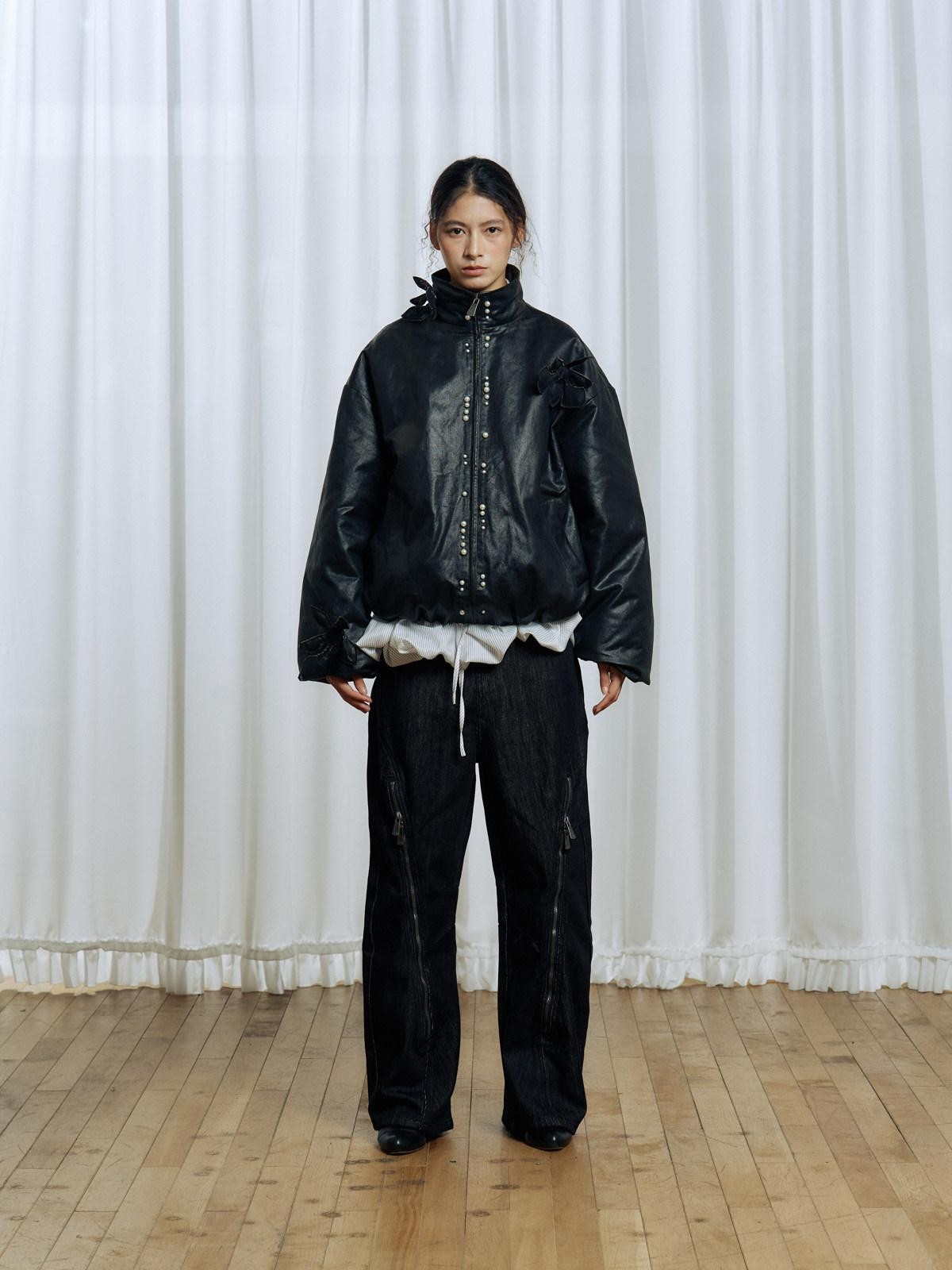 APRIORITY Black 3d Structured Oil Wax Coated Women's Faux Leather Down Jackets