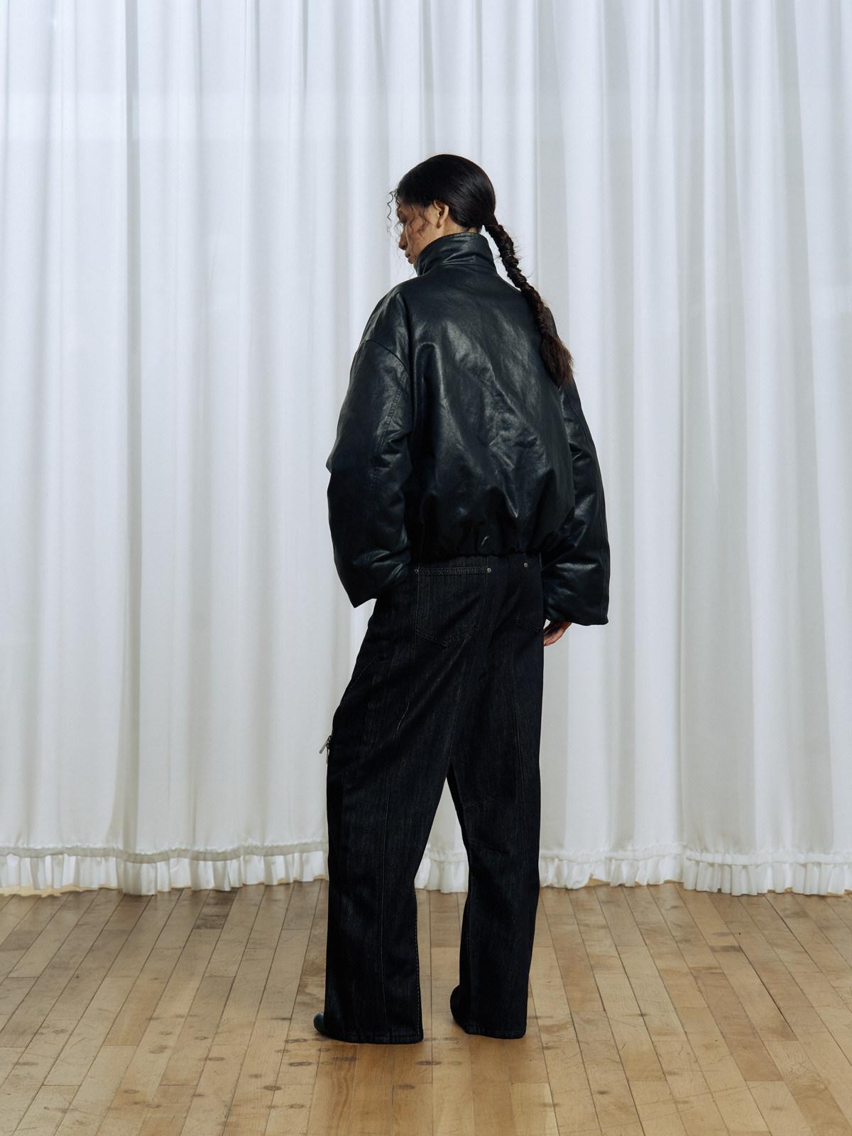 APRIORITY Black 3d Structured Oil Wax Coated Women's Faux Leather Down Jackets