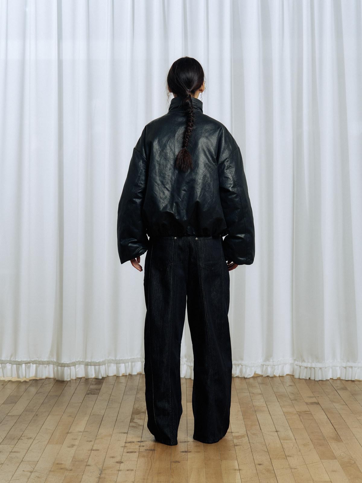 APRIORITY Black 3d Structured Oil Wax Coated Women's Faux Leather Down Jackets
