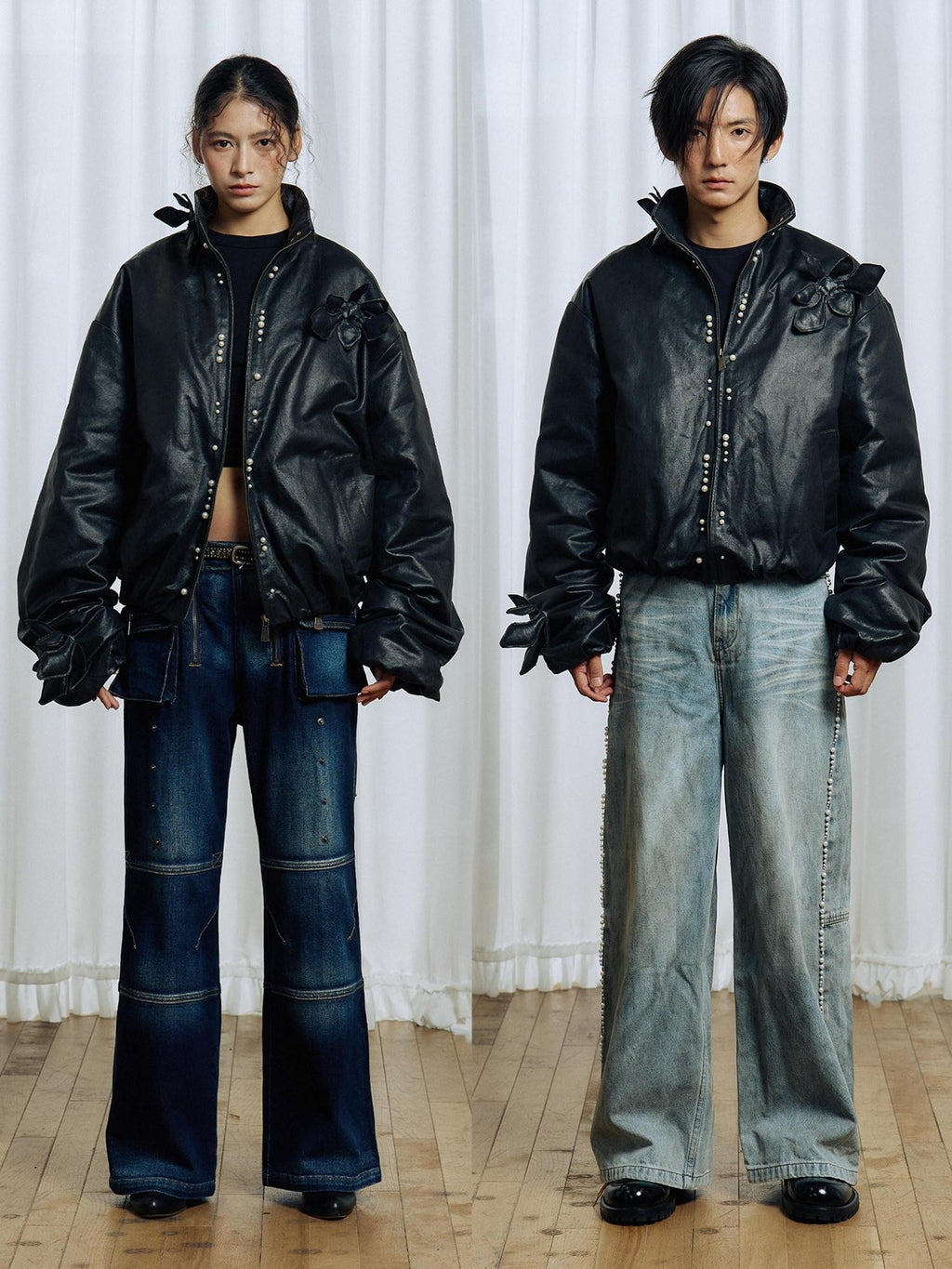 APRIORITY Black 3d Structured Oil Wax Coated Women's Faux Leather Down Jackets