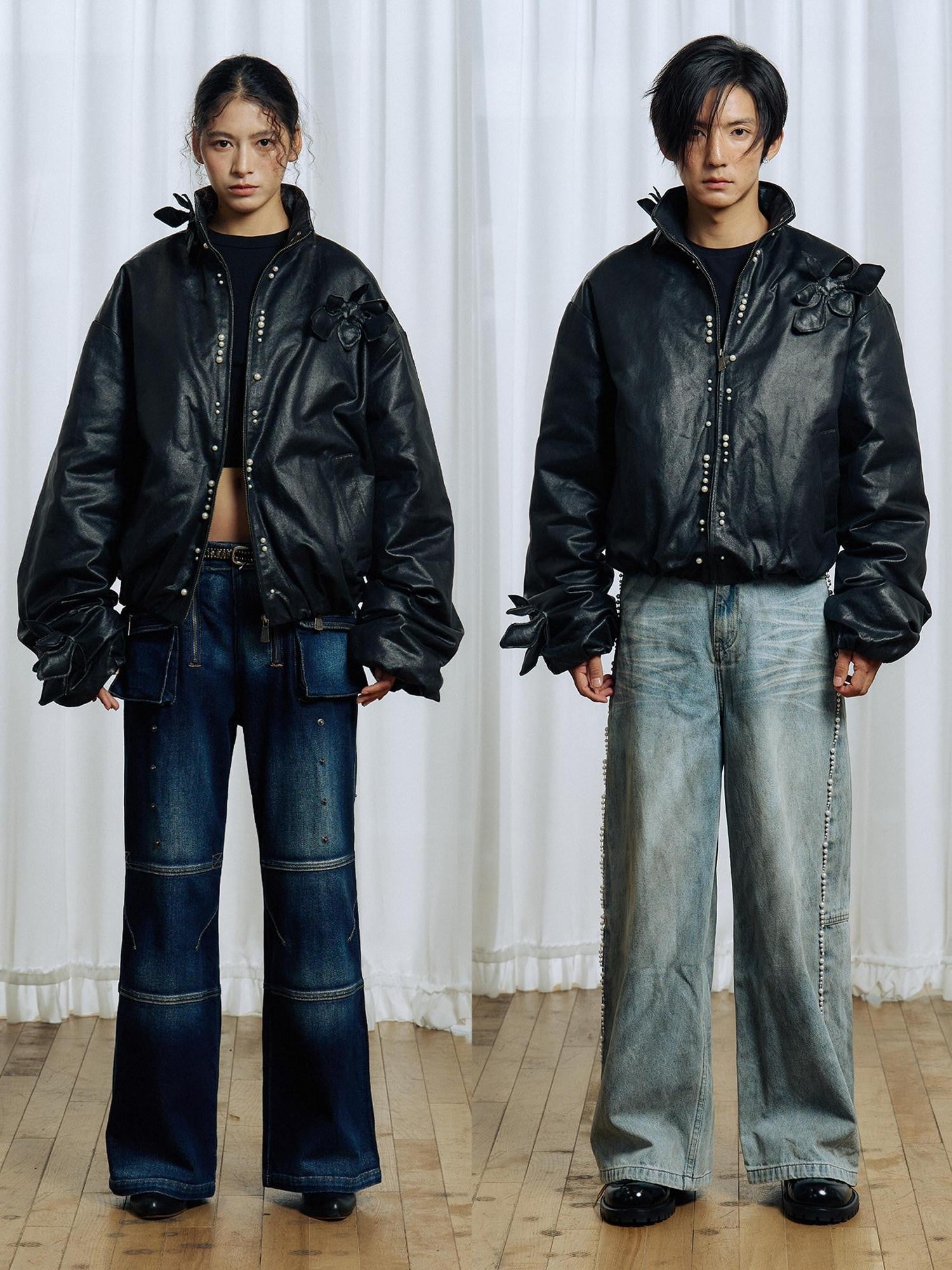 APRIORITY Black 3d Structured Oil Wax Coated Women's Faux Leather Down Jackets