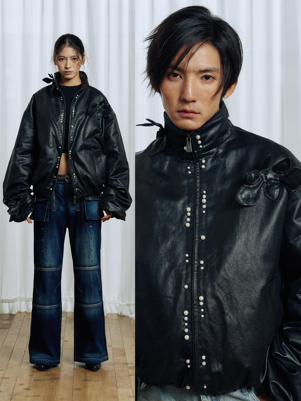 APRIORITY Black 3d Structured Oil Wax Coated Women's Faux Leather Down Jackets