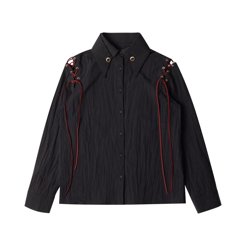 APRIORITY_Black_Detachable_Shoulder_Cutout_Tie_Ruching_Double_Collar_Women's_Cotton_Shirts_1004176944921_MISSTT