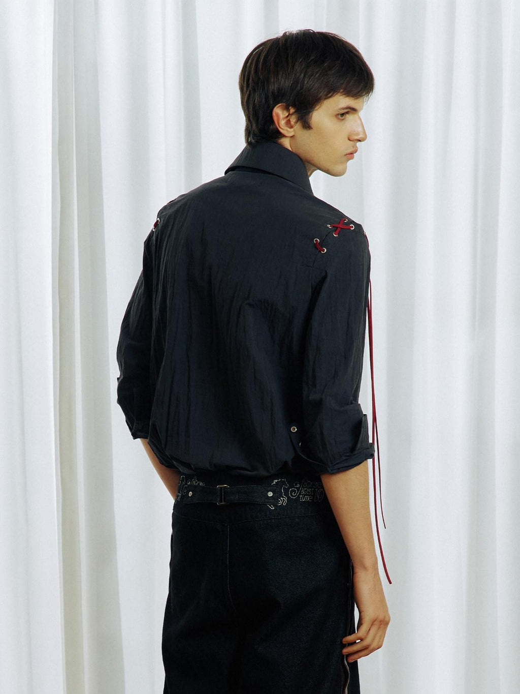 APRIORITY Black Detachable Shoulder Cutout Tie Ruching Double Collar Women's Cotton Shirts