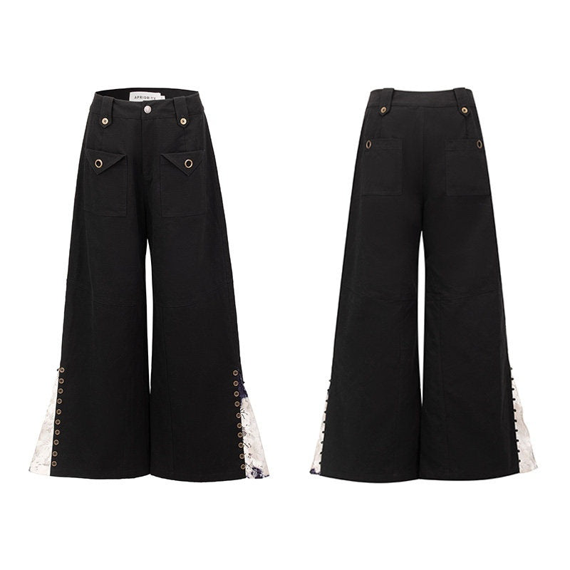 APRIORITY_Black_Distressed_Lace_Panel_Adjustable_Waist_Women's_Cotton_Wide-leg_Pants_946587415236_MISSTT