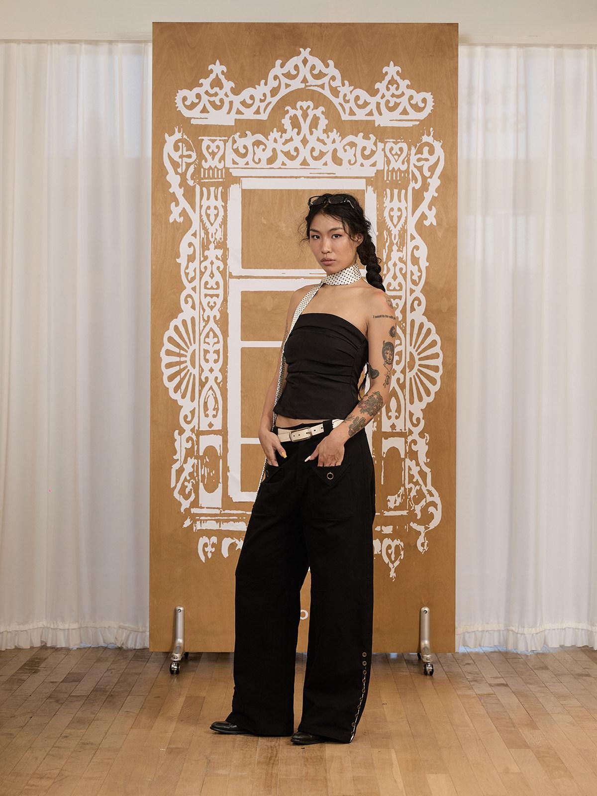 APRIORITY Black Distressed Lace Panel Adjustable Waist Women's Cotton Wide-leg Pants