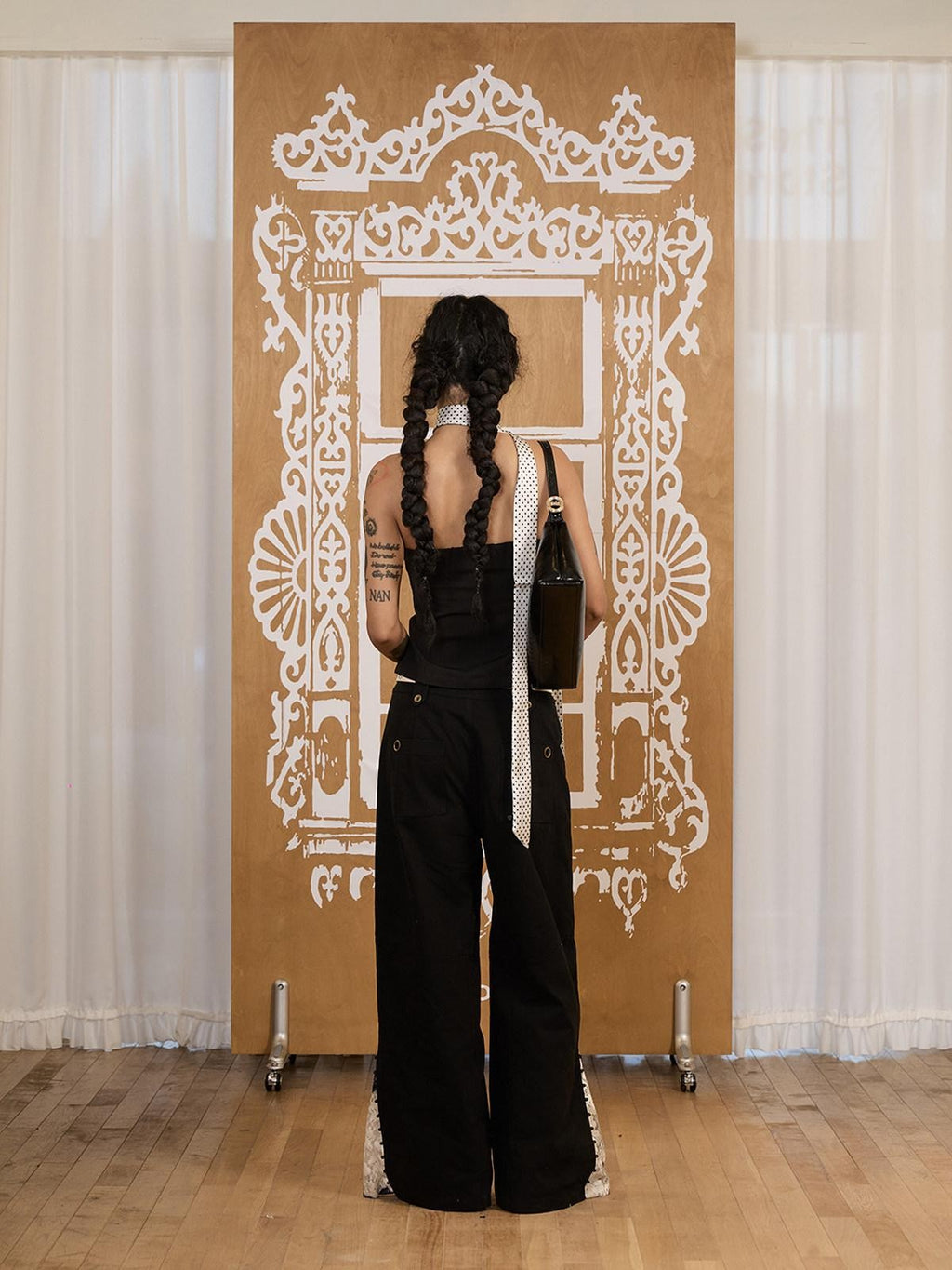 APRIORITY Black Distressed Lace Panel Adjustable Waist Women's Cotton Wide-leg Pants