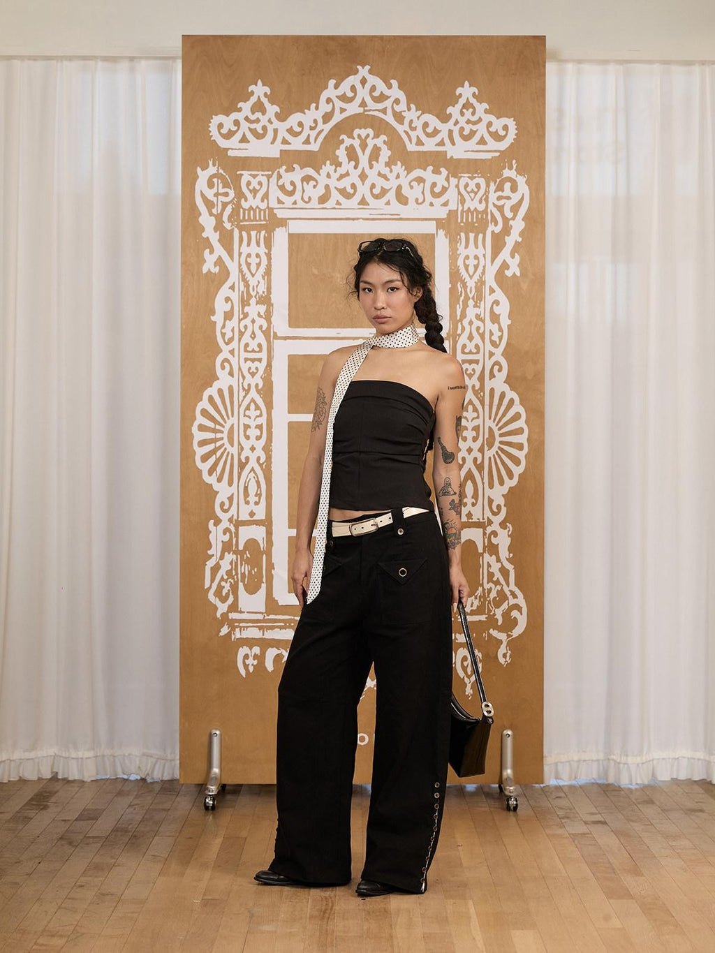 APRIORITY Black Distressed Lace Panel Adjustable Waist Women's Cotton Wide-leg Pants